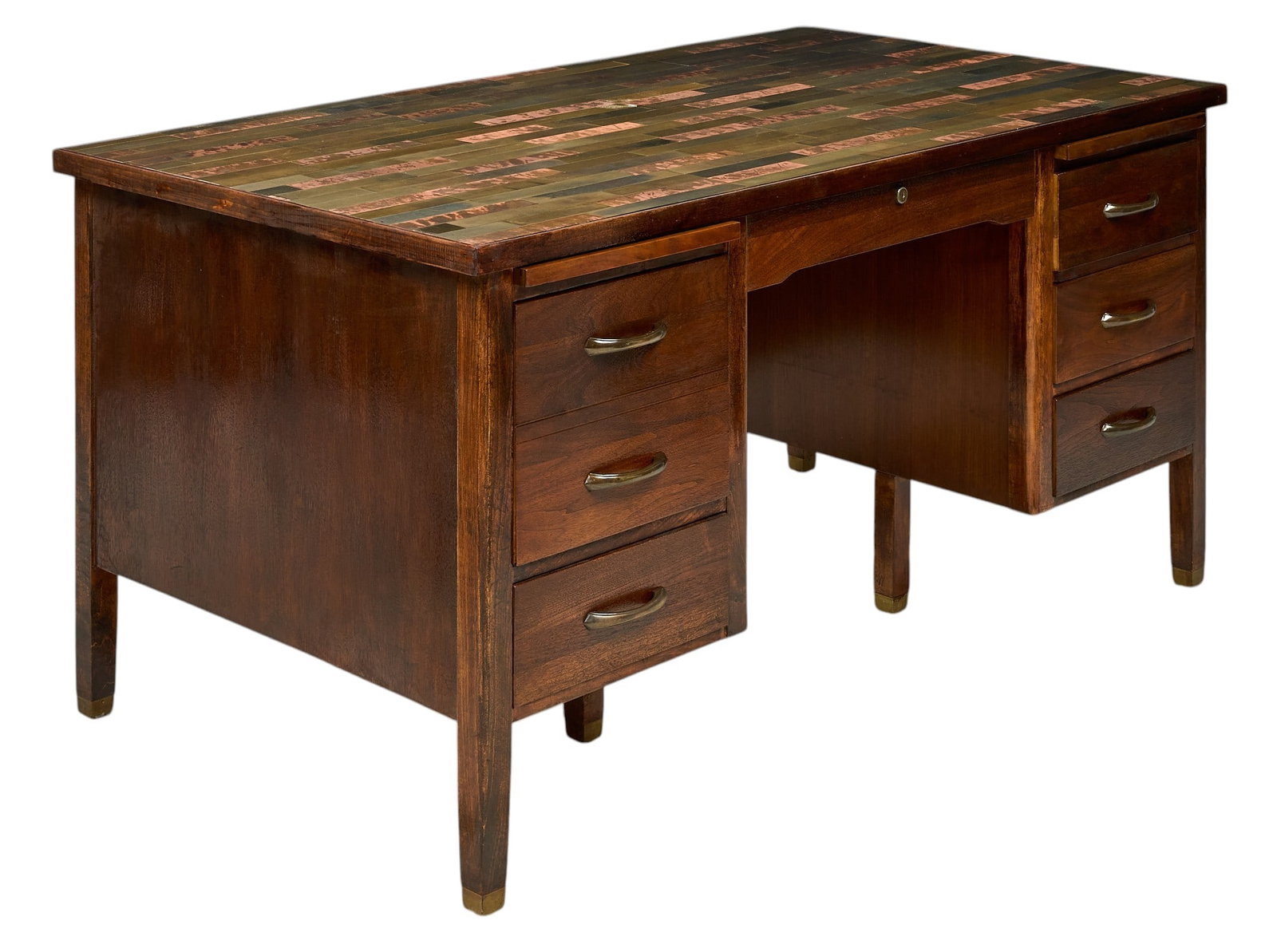 Copper Inlaid Mid-Century Desk: Refinished mid-century desk with custom inlaid copper strip top, and dovetail construction on drawer storage, supported on block legs height 30 in. x width 60 in. x depth 34 in. 