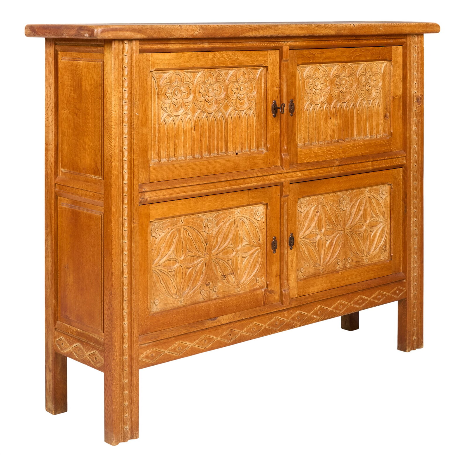Danish Mid-Century Cabinet: Danish mid-century cabinet with four carved cabinet doors and interior shelves, and key height 50 in. x width 63 in. x depth 16.5 in. 