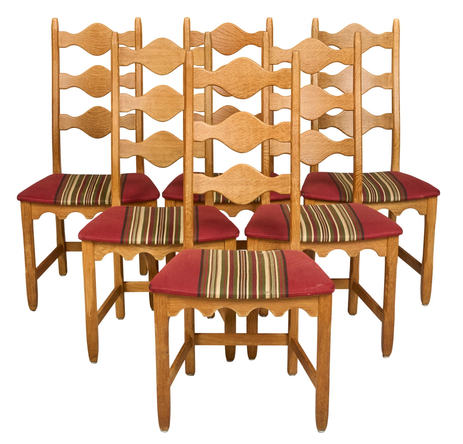 Henning Kjaernulf, (6) Mid-Century Dining Chairs: Set of six Henning Kjaernulf (Denmark) oak mid-century ladderback dining chairs with striped seats, supported on block legs height 40.5 in. x width 20.5 in. x depth 19 in. 