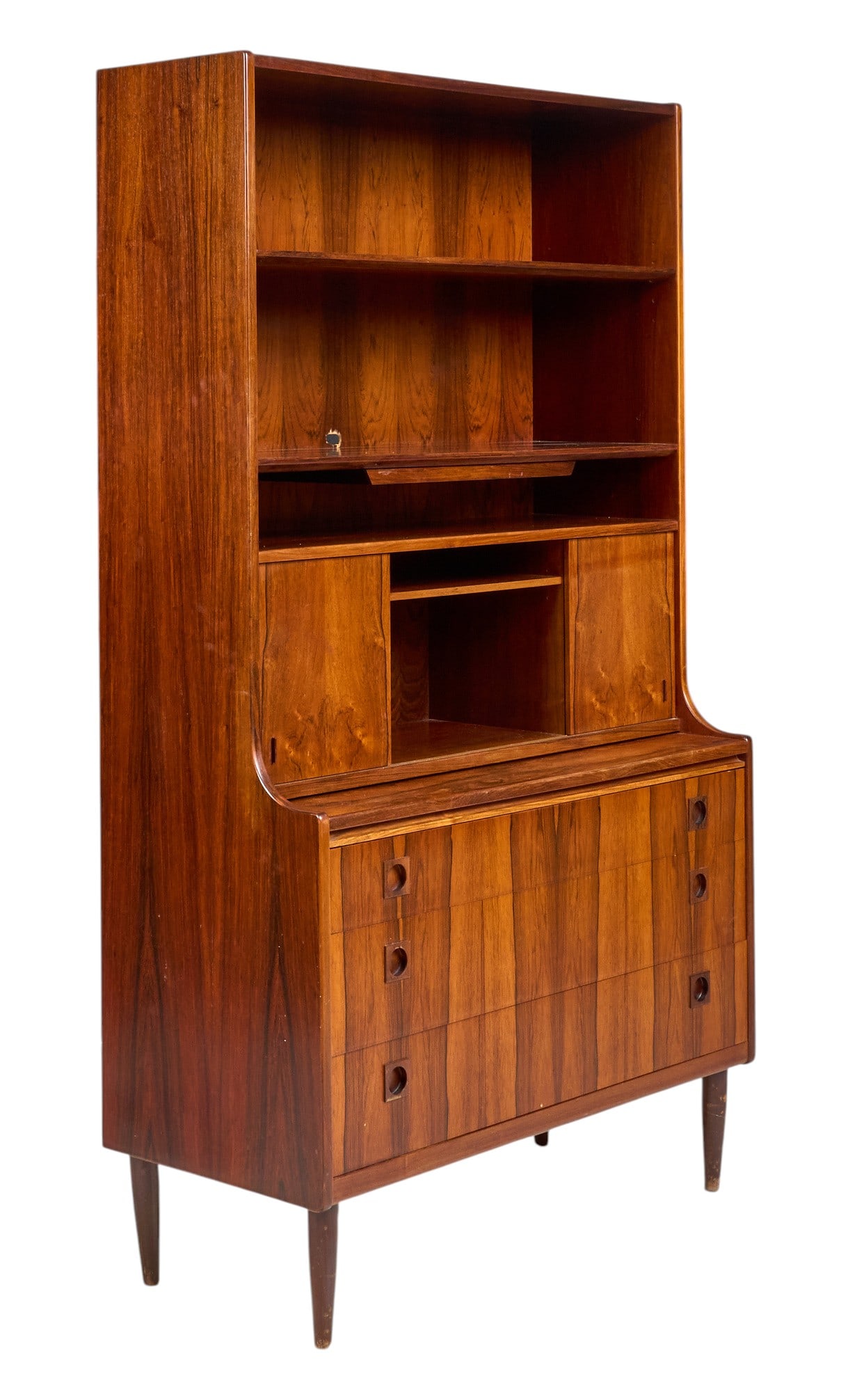 Danish Mid-Century Secretary: Danish mid-century secretary bookcase with adjustable shelving, and bottom drawer storage, supported on pin legs height 69.5 in. x width 39.5 in. x depth 17.75 in. 
