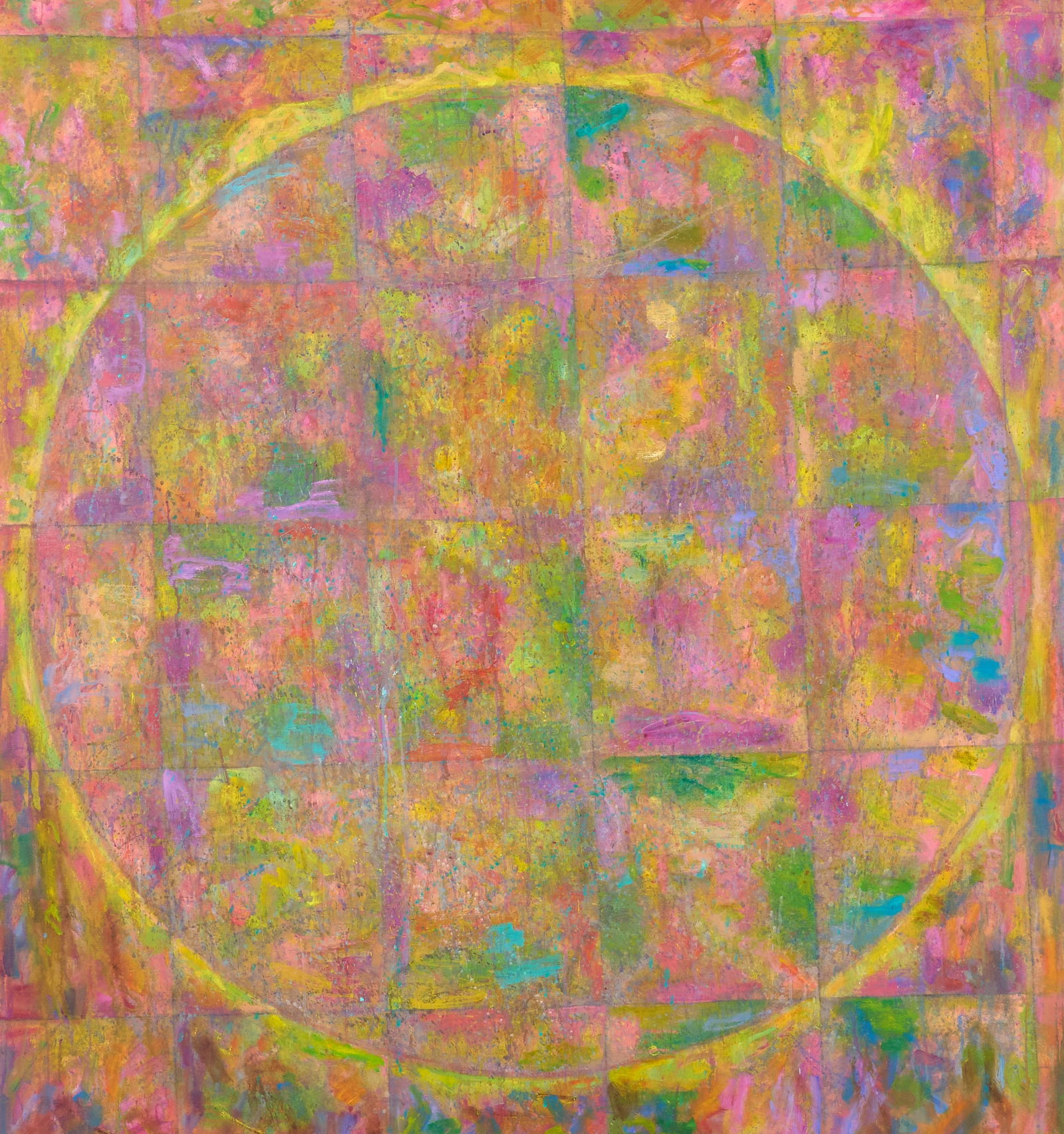 Jose Guadalupe Guadiana, Multicolored Abstract: Jose Guadalupe Guadiana (1929-2012, Mexico / San Antonio, Texas), composition with circle and grid forms, oil on canvas, artist's inscription on the verso with signature and date, 1974-75