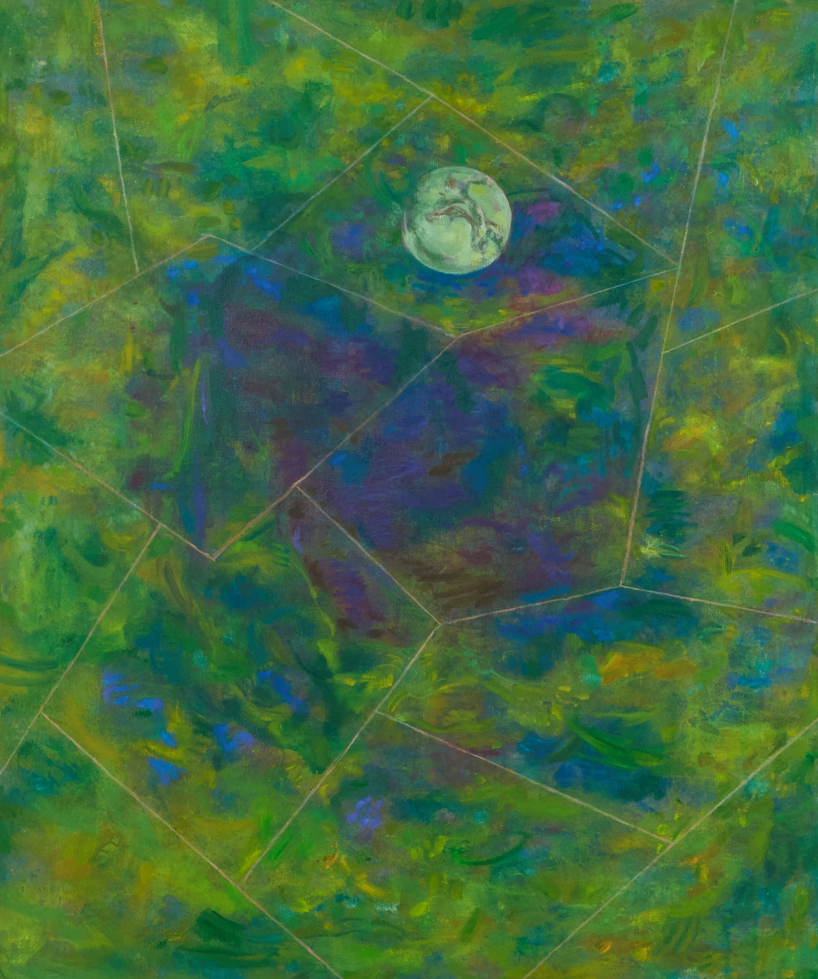 Jose Guadalupe Guadiana, Green Abstract with Moon: Jose Guadalupe Guadiana (Mexico / San Antonio, Texas, 1929-2012), abstract composition with moon or marble, oil on canvas, signed in pencil on the verso and dated 1975 sight: 68 x 57 in., frame: 68.5
