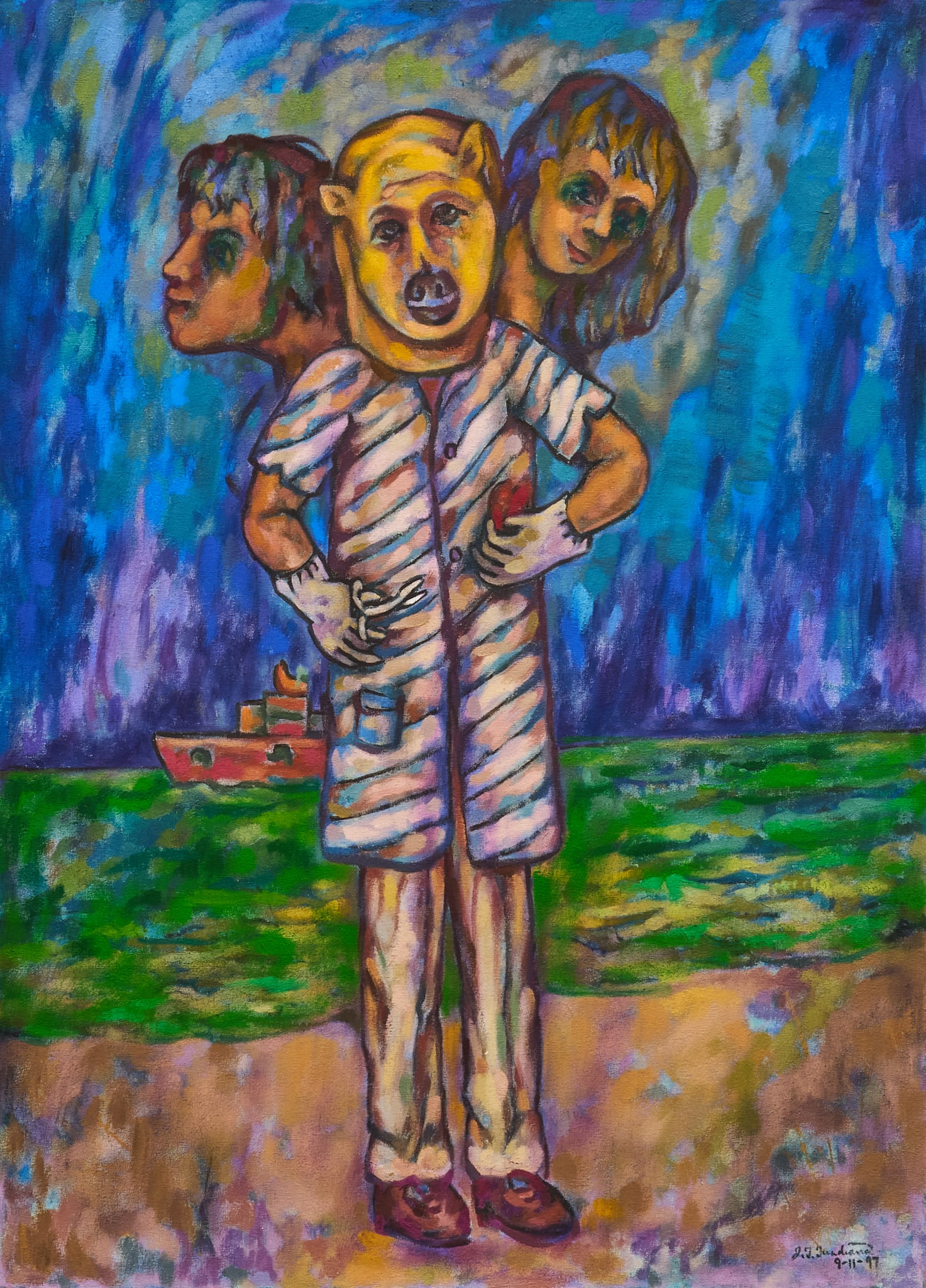 Jose Guadiana, Three Heads on the Shore: Jose Guadalupe Guadiana (1929-2012, Mexico / San Antonio, Texas), untitled scene of three heads on a shore, oil on canvas, signed and dated on the verso, 1997 sight: 36 x 26 in., frame: 36.5 x 26.5