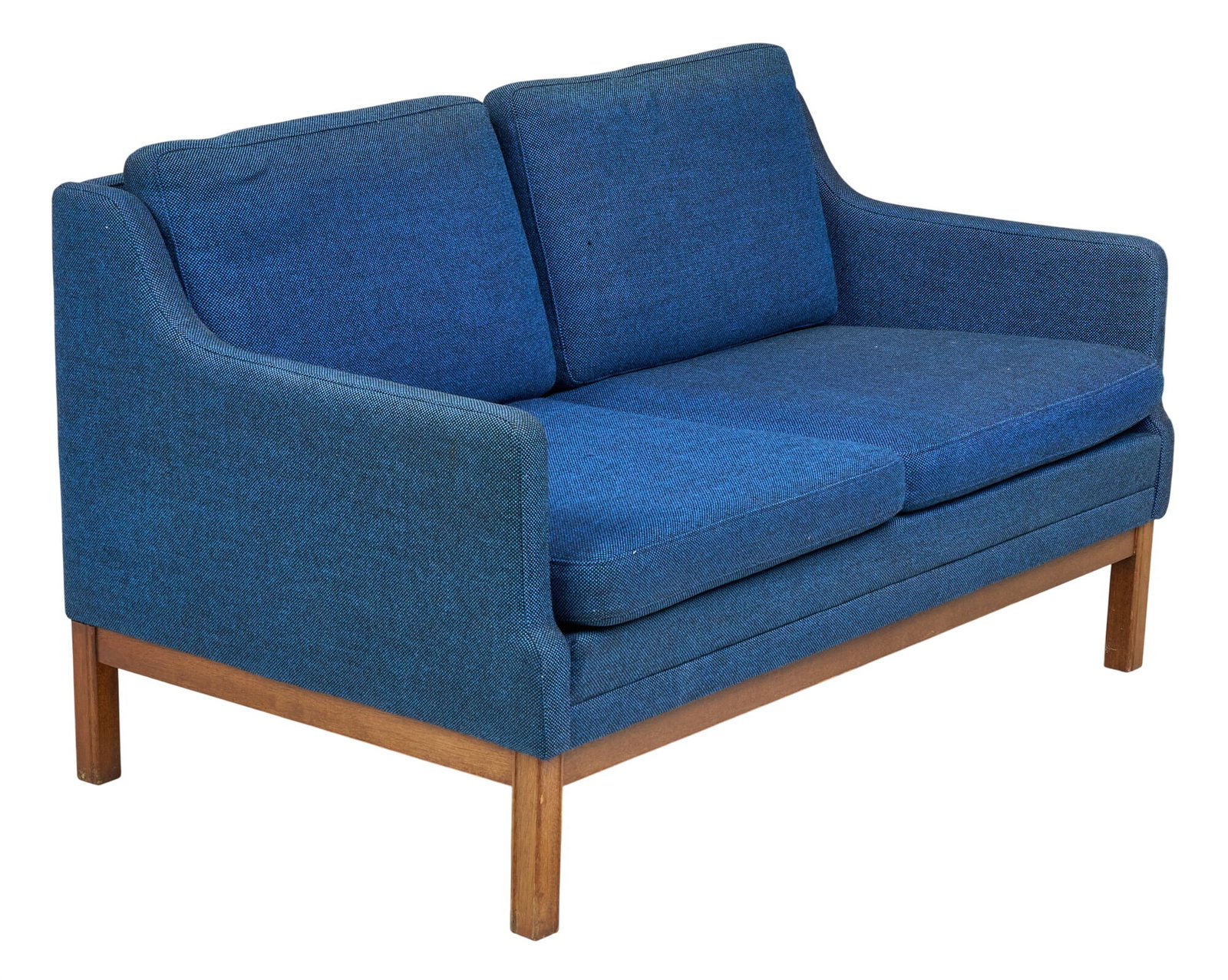 Mid-Century Blue Loveseat: Mid-century loveseat, with blue fabric upholstery, on block legs height 28 in. x width 50. in. x depth 30 in. Provenance: Property from a home in Universal City, Texas