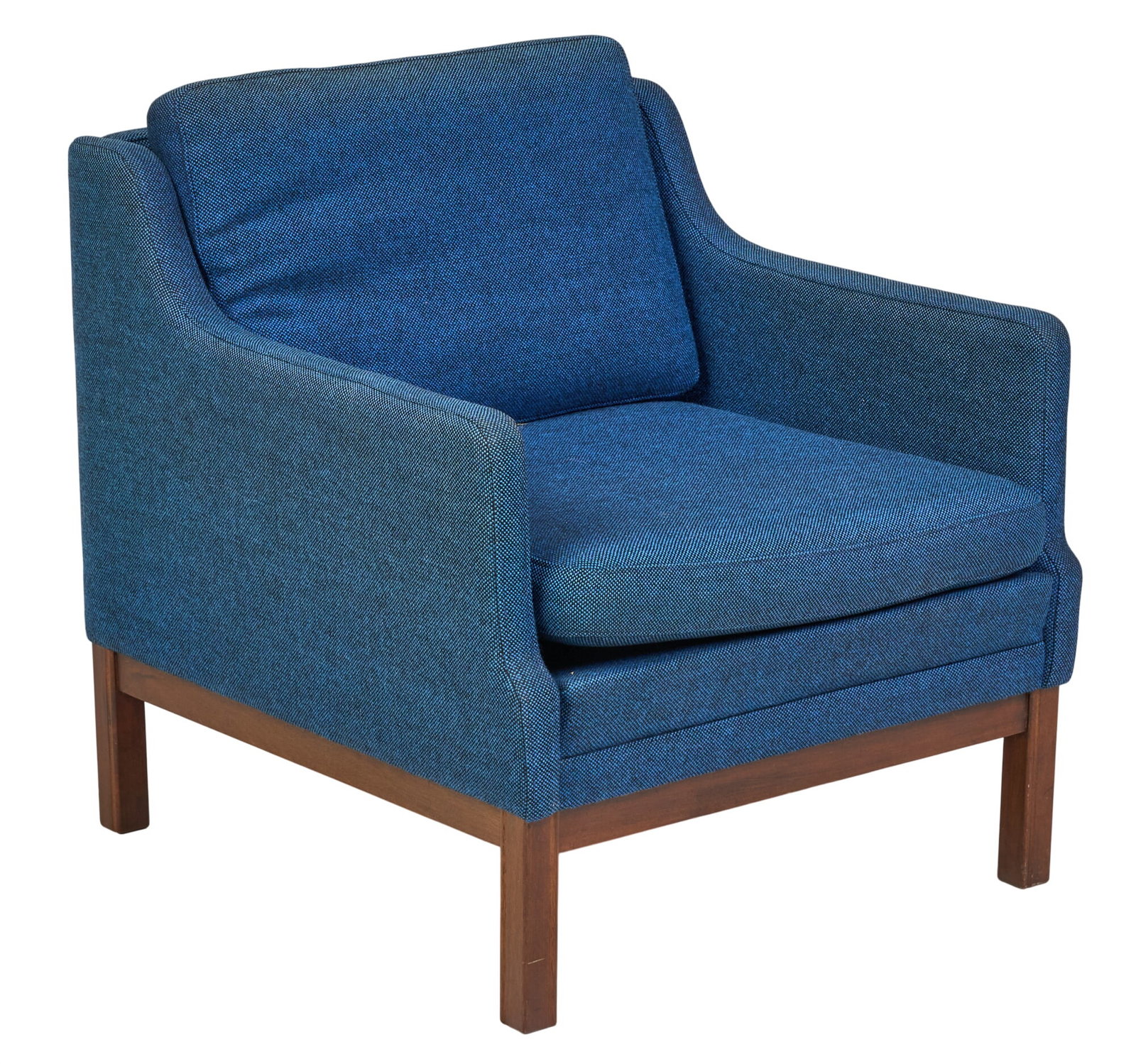 Mid-Century Blue Armchair: Mid-century armchair, with blue fabric upholstery, on block legs height 28.5 in. x width 28 in. x depth 30 in. Provenance: Property from a home in Universal City, Texas