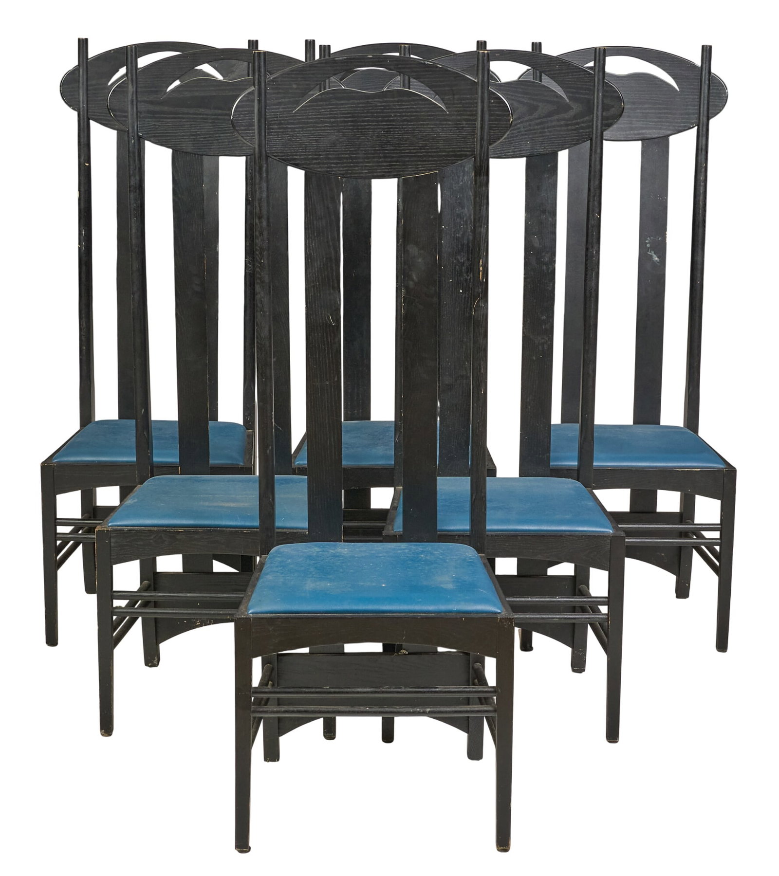 (6) Argyle Chairs: After Charles Rennie Mackintosh (1868-1928, Glasgow/United Kingdom), for Cassina, set of six Argyle chairs with high backs, and blue fabric upholstery to seats, on stretchered pin legs height 54.5