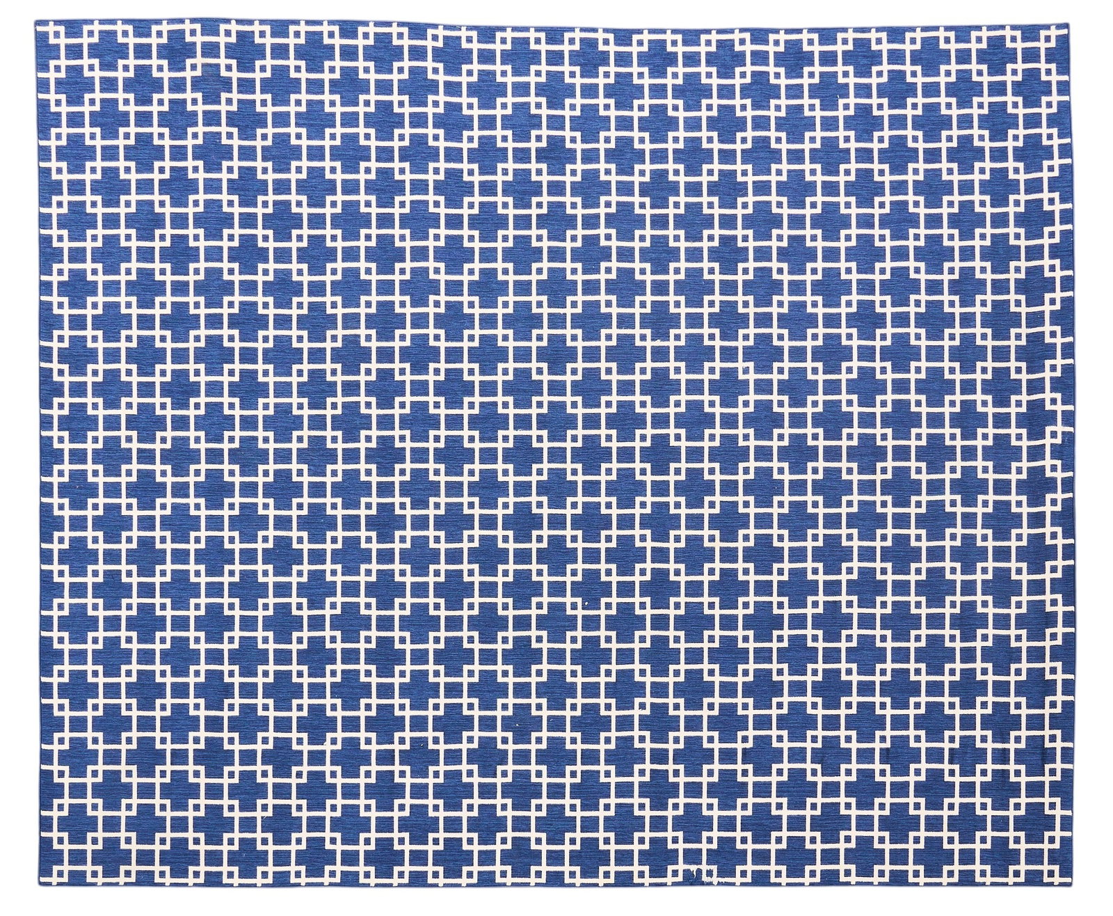 Geometric Area Rug, 12 ft. x 10 ft.: Blue and white geometric area rug 12 ft. x 10 ft. Provenance: Property from a home in San Antonio, Texas