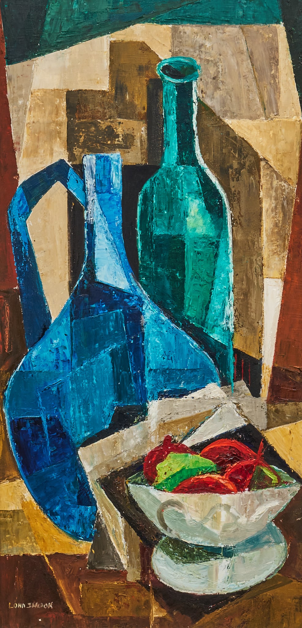 Lona Shook, Still Life: Lona Shook (Texas, 1907-1981), Cubist-style still life composition with bottle, jug, and fruit, oil on panel, signed lower left sight: 24 x 12 in., frame: 29.5 x 17.5 in. Provenance: Property from a