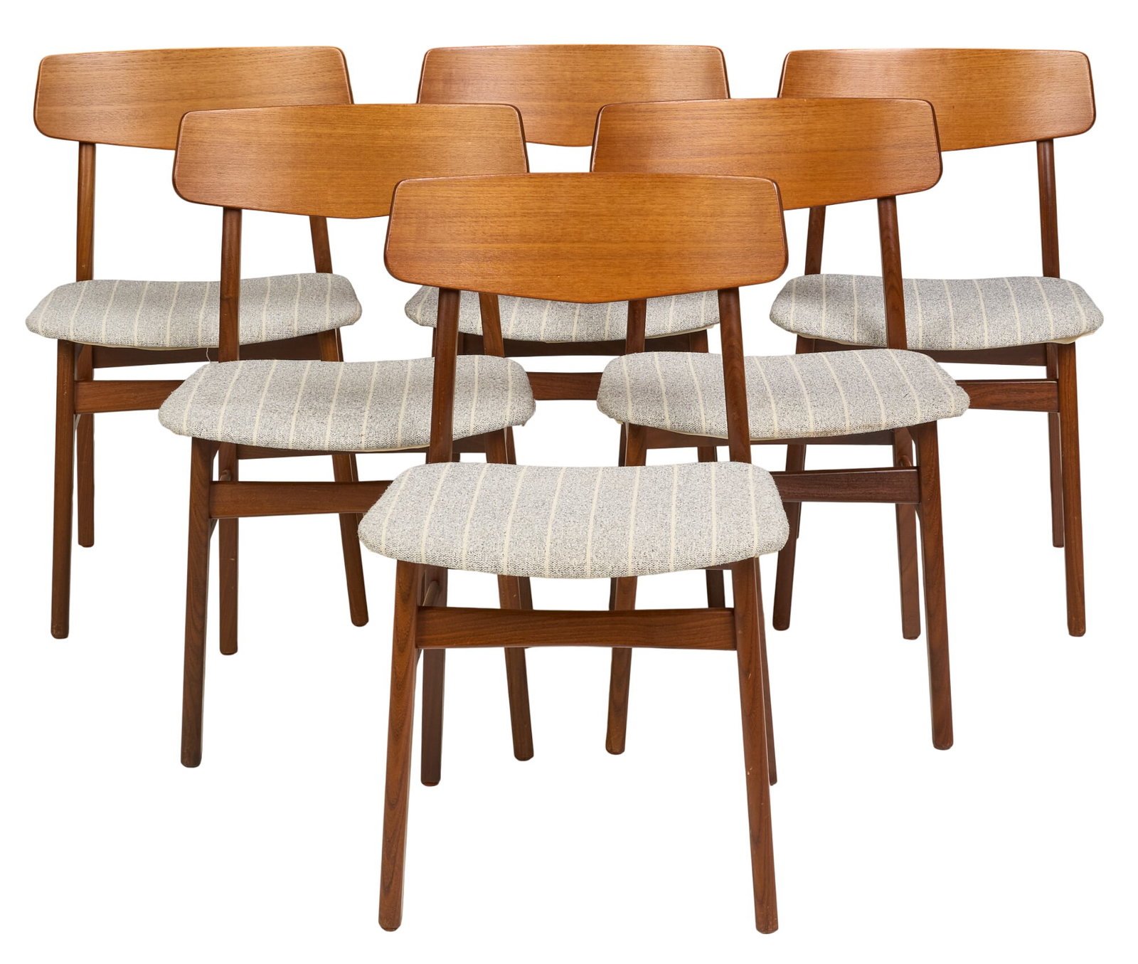 (6) Danish Mid-Century Dining Chairs: Set of six Danish mid-century dining chairs with striped fabric on seats height 31 in. x width 18 in. x depth 18 in. / each 