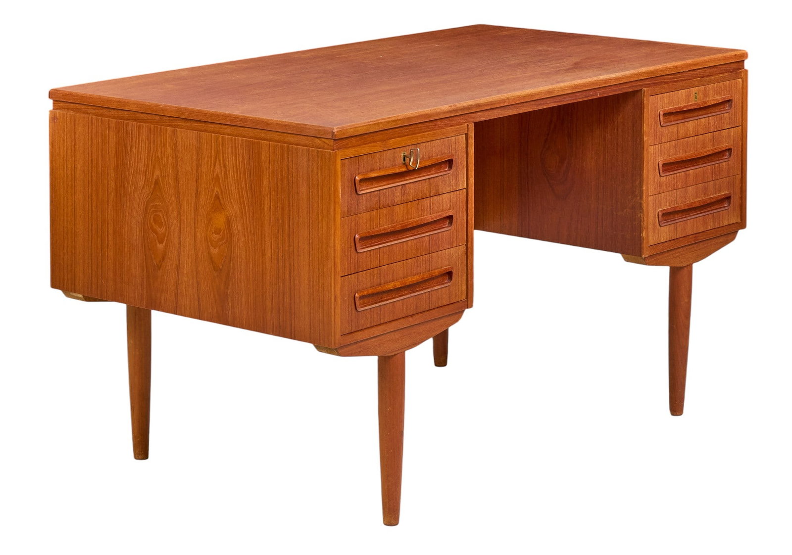 J. Svenstrup, Mid-Century Desk: J. Svenstrup (Denmark) for A.P. Mobler mid-century desk with two tiers for drawers, and one drop-door cabinet on opposite side, supported on pin legs height 29 in. x width 51.5 in. x depth 28 in.