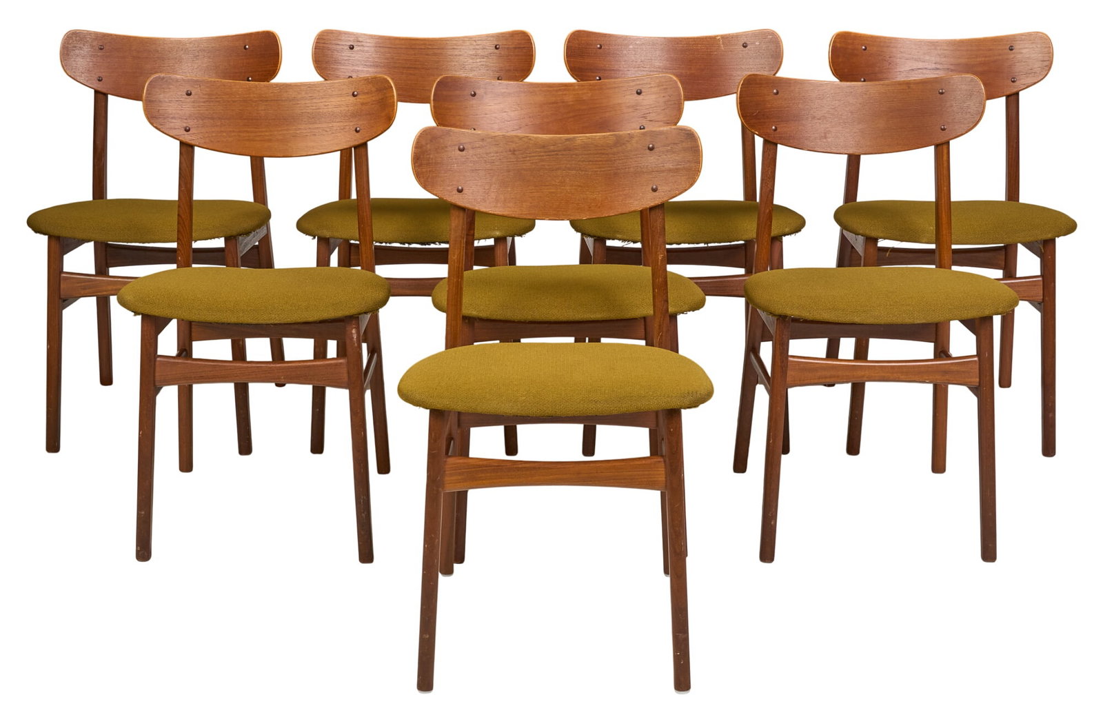 (8) Danish Mid-Century Dining Chairs: Set of eight Danish mid-century dining chairs, with curved backs and green fabric upholstered seats, on stretchered pin legs height 31.5 in. x width 17 in. x depth 18 in. / each