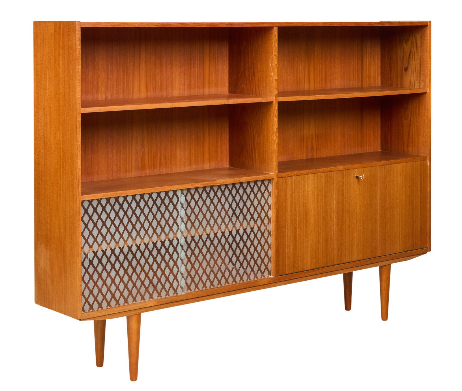 Danish Mid-Century Bookcase: Danish mid-century bookcase with adjustable shelving and bottom cabinet storage with sliding glass, and drop down door with key, supported on pin legs height 51.5 in. x width 72.5 in. x depth