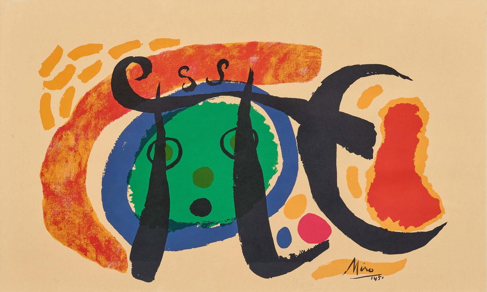 Joan Miro, Pencil-Signed Lithograph: Joan Miro (Spain / France, 1893-1983), "Fille au Visage Vert" ("girl with the green face"), vintage lithograph, signed in pencil below and left of the signature in the stone