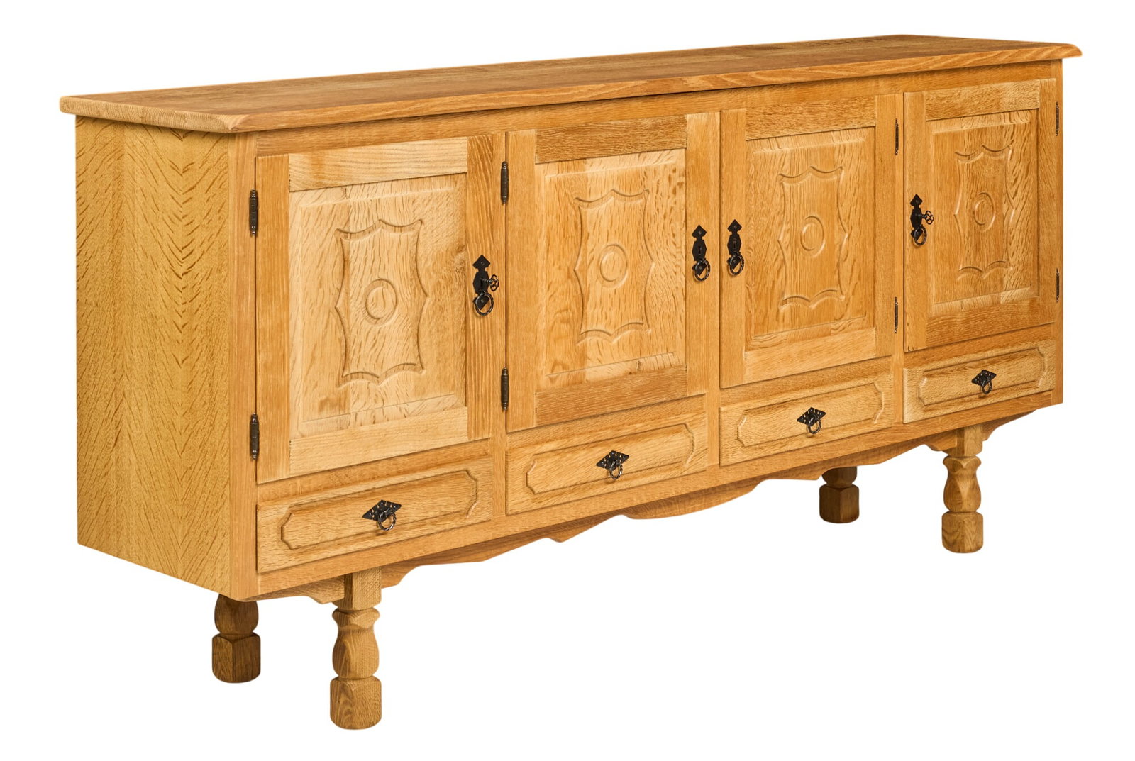 Danish Mid-Century Oak Credenza: Danish mid-century oak paneled credenza, four paneled cabinet doors opening to shelved storage, above four felt-lined drawers, raised on turned supports height 37 in. x width 79 in. x depth 17.5 in.