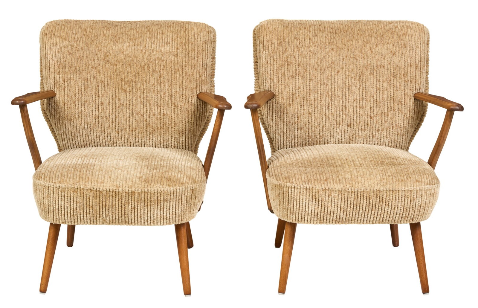 Pair of Danish Mid-Century Armchairs: Pair of Danish mid-century armchairs, with textured upholstery and splayed pin legs height 30 in. x width 26 in. x depth 30 in. / each