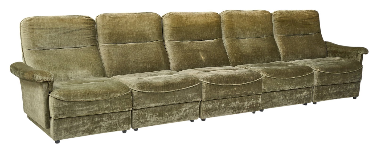 Danish Five-Piece Modular Sofa: Danish mid-century five-piece modular sofa upholstered in olive green velvet height 35 in. x width 143 in. x depth 30 in. Condition: some wear and discoloration to velvet in isolated areas 