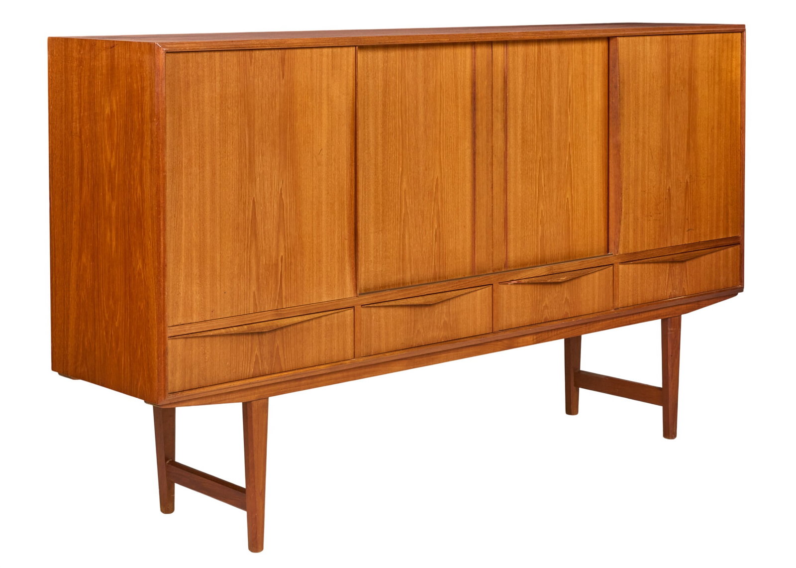 Forsigtig, Mid-Century Credenza: Forsigtig (Denmark) mid-century high credenza with sliding cabinet doors, fitted interior storage, and bottom drawers, supported on tapered legs height 44.5 in. x width 77.5 in. x depth 17.5