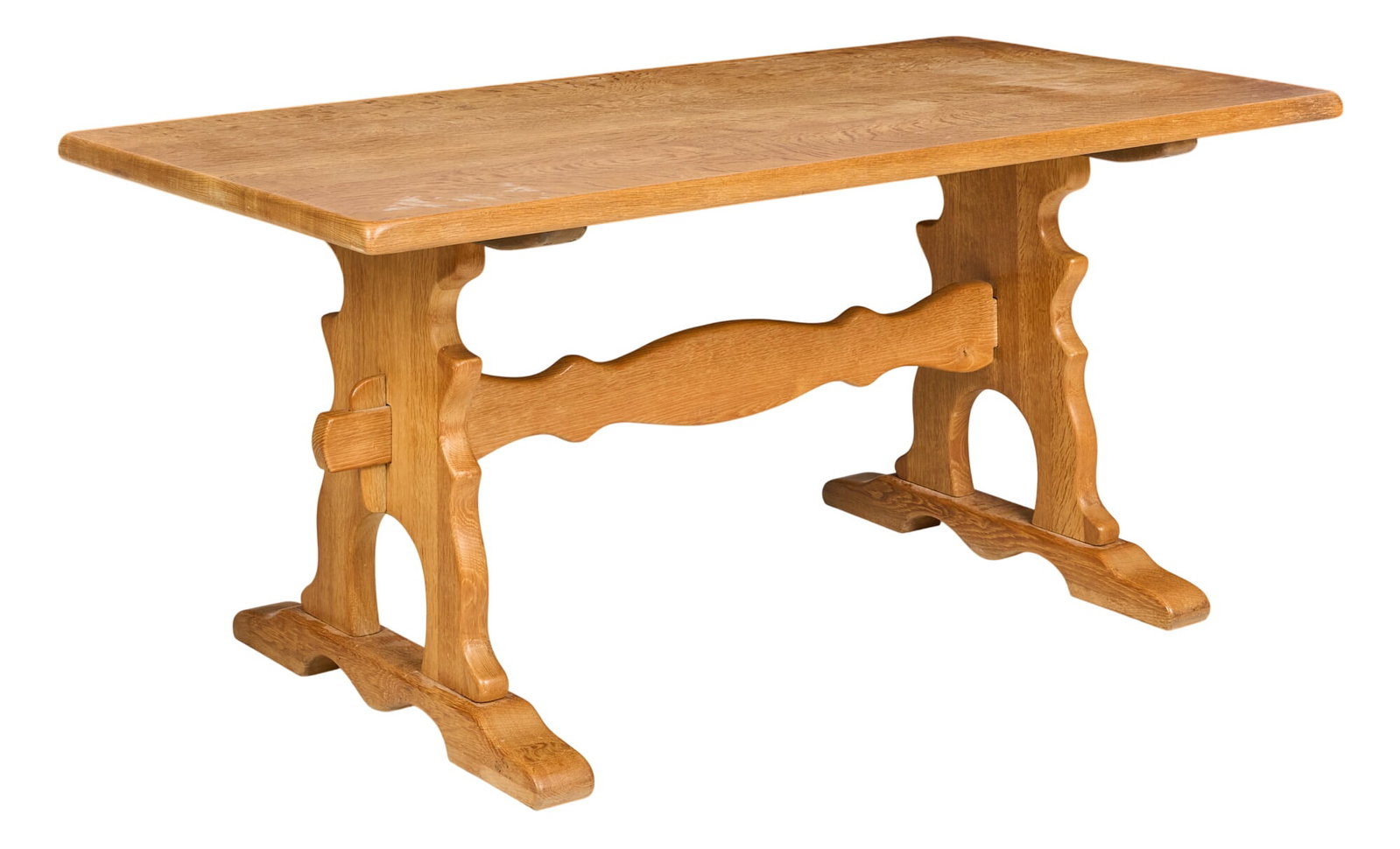 Henning Kjaernulf, Mid-Century Table: Henning Kjaernulf (Denmark) oak mid-century dining table with trestle legs height 29.5 in. x width 63 in. x depth 33 in. 