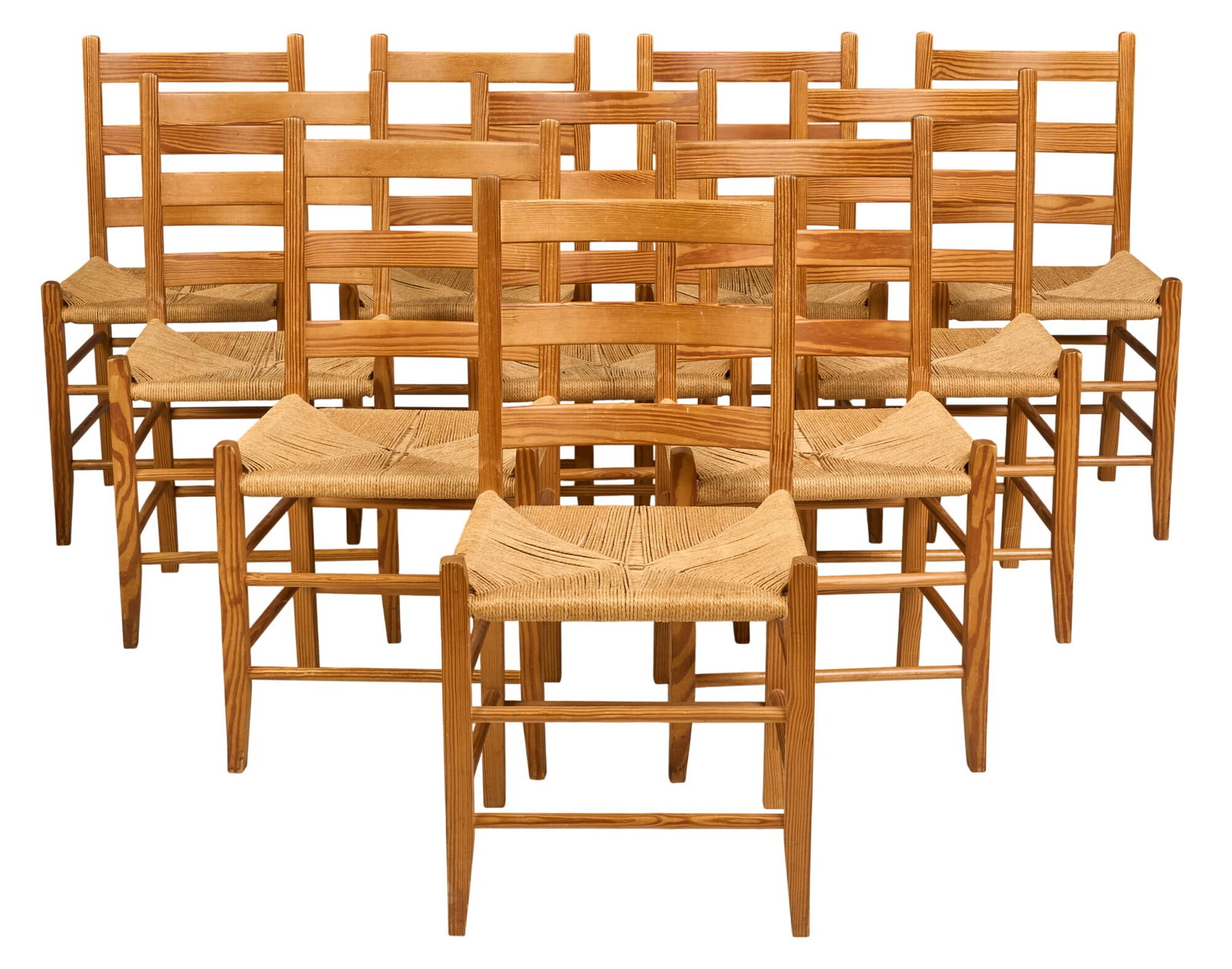(10) Danish Mid-Century Chairs: Set of ten Danish mid-century ladder back side chairs with rush seats, supported on block legs height 33.5 in. x width 17 in. x depth 16.5 in. / each