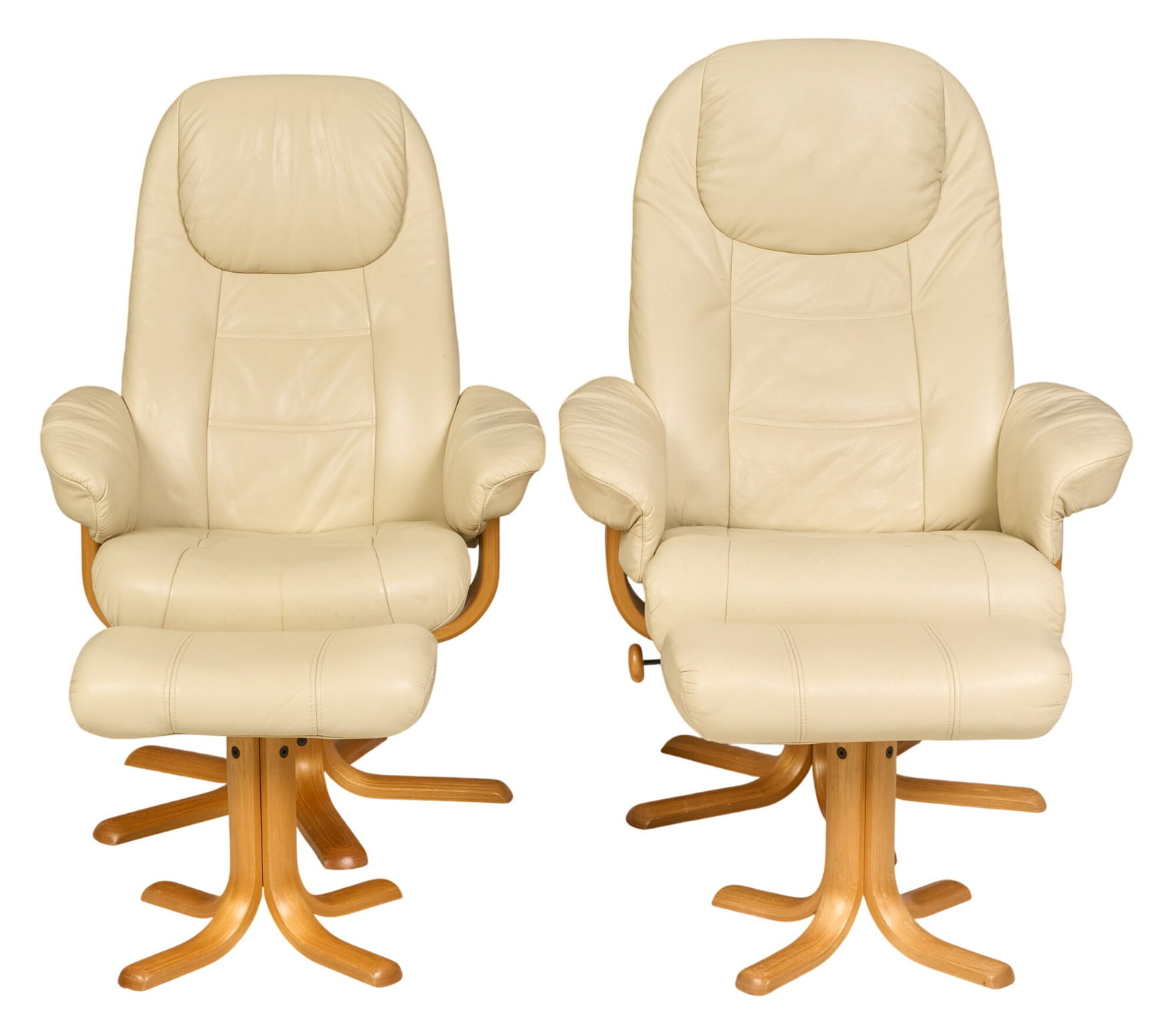 Pair of Mid-Century Lounge Chairs and Ottomans: Pair of Danish mid-century lounge chairs and matching ottomans, with tufted white leather upholstery, padded armrests, on bent wood frames height 42 in. x width 29 in. x depth 25 in. / each chair