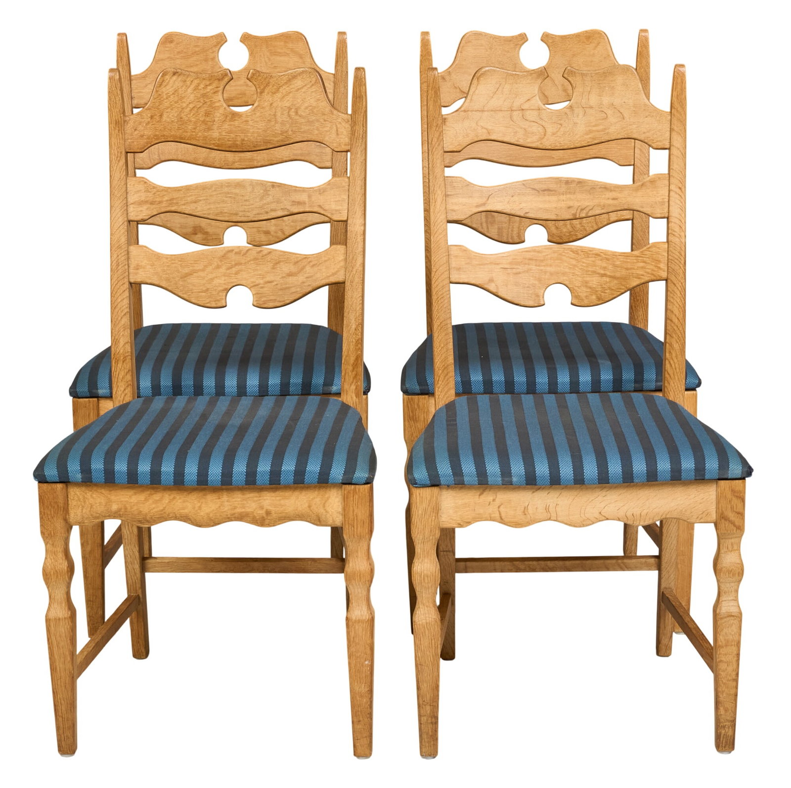 Henning Kjaernulf, (4) Mid-Century Dining Chairs: Set of four Henning Kjaernulf (Denmark) oak mid-century dining chairs with stylized ladderbacks and striped upholster height 38 in. x width 18 in. x depth 17 in. / each 