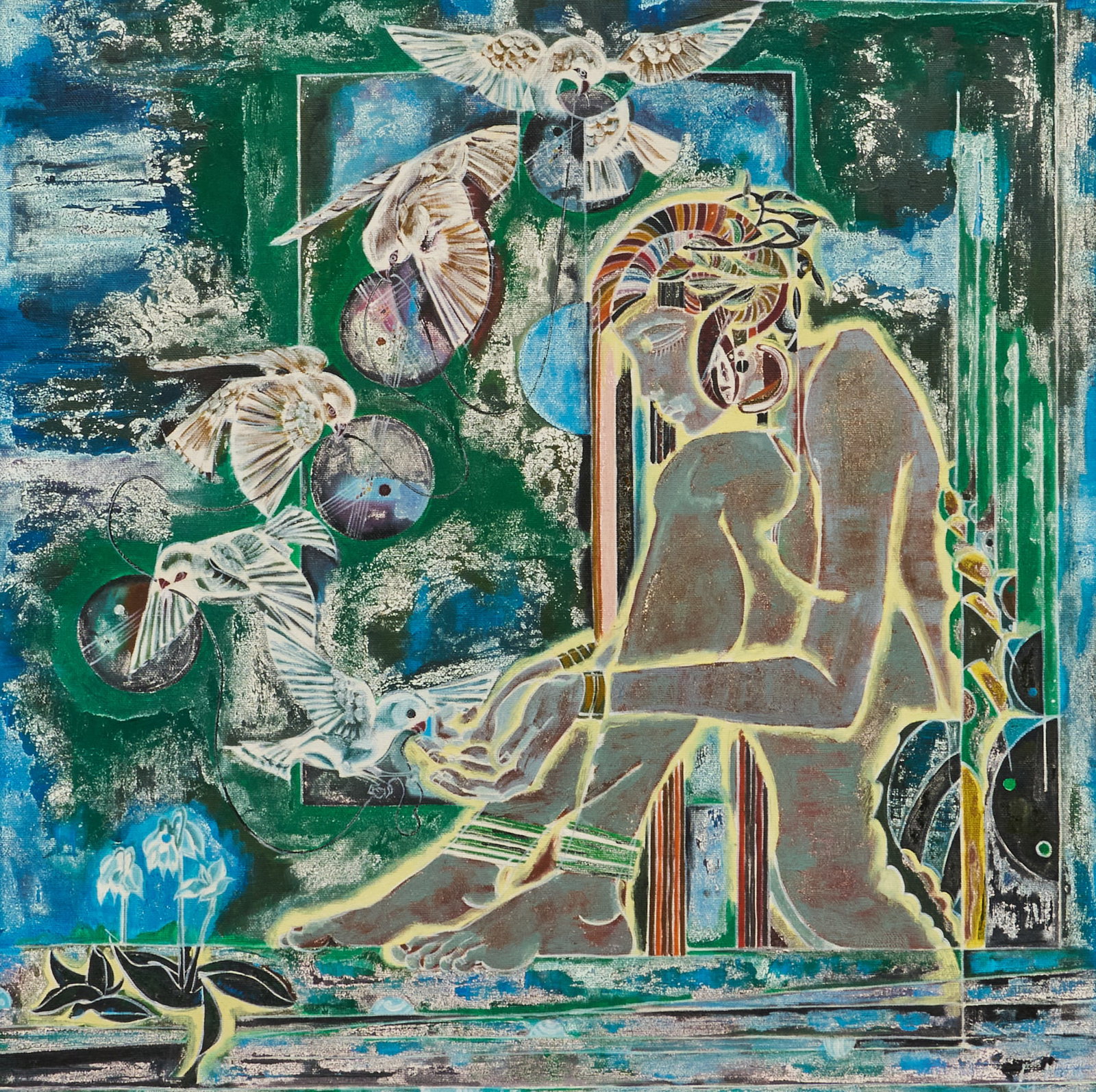 Lu Hong, Abstract Composition: Lu Hong (China, b. 1952), surrealist style composition with seated figure and doves, oil on canvas, signed lower right sight: 19 x 19 in., frame: 24.5 x 24.5 in. Provenance: Property from a