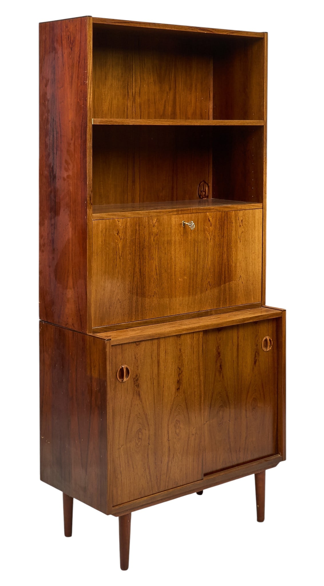 Danish Mid-Century Secretary: Danish mid-century secretary bookcase with shelves, drop-down door, and bottom cabinet, supported on pin legs height 73.5 in. x width 33 in. x depth 16.5 in. 