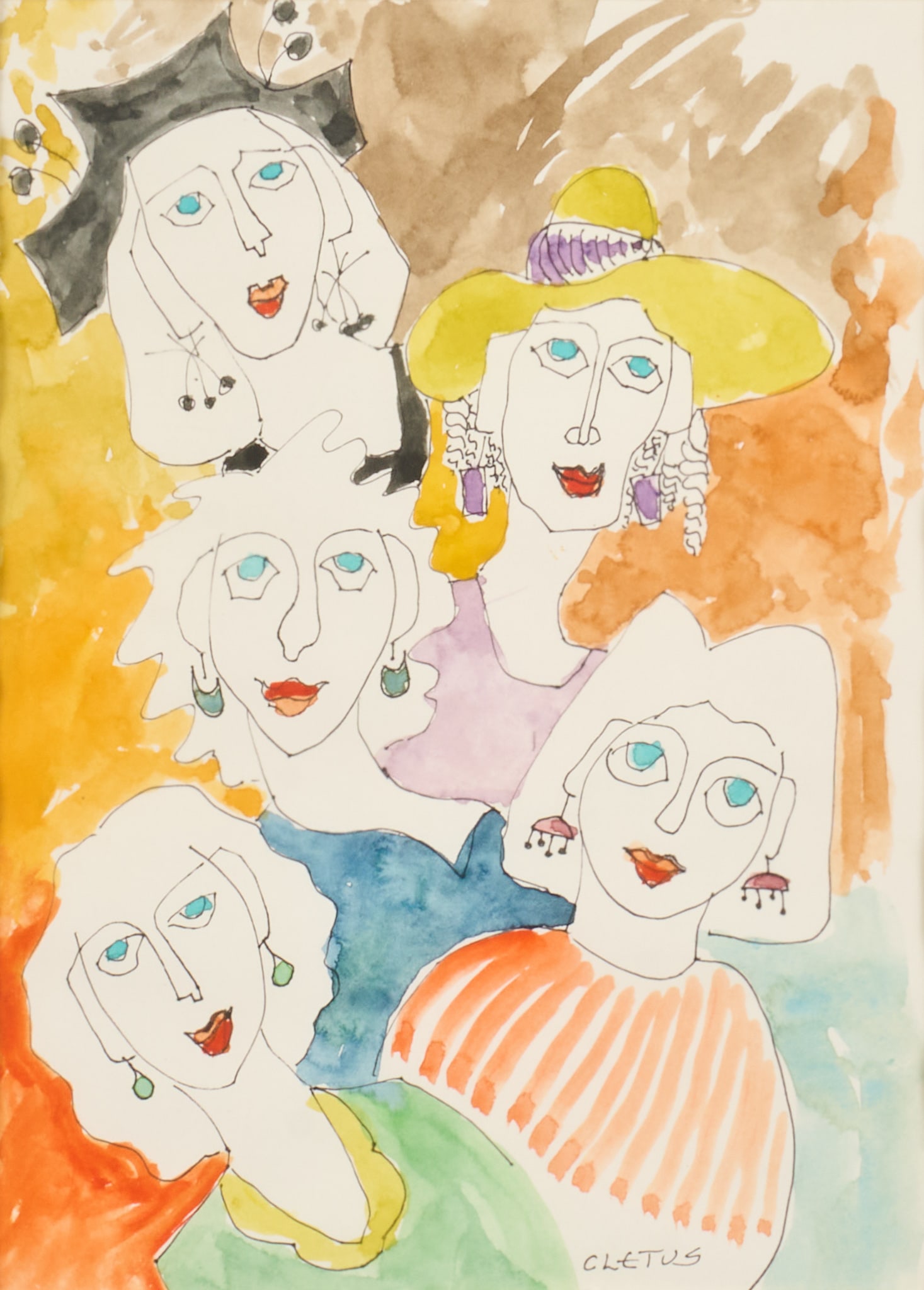 Brother Cletus Behlmann, Five Women: Brother Cletus Behlmann (San Antonio, Texas, 1933-2016), composition with five women, colored pencil and watercolor, signed lower right sight: 11 x 8 in., frame: 16.5 x 13.5 in. Provenance: Property f
