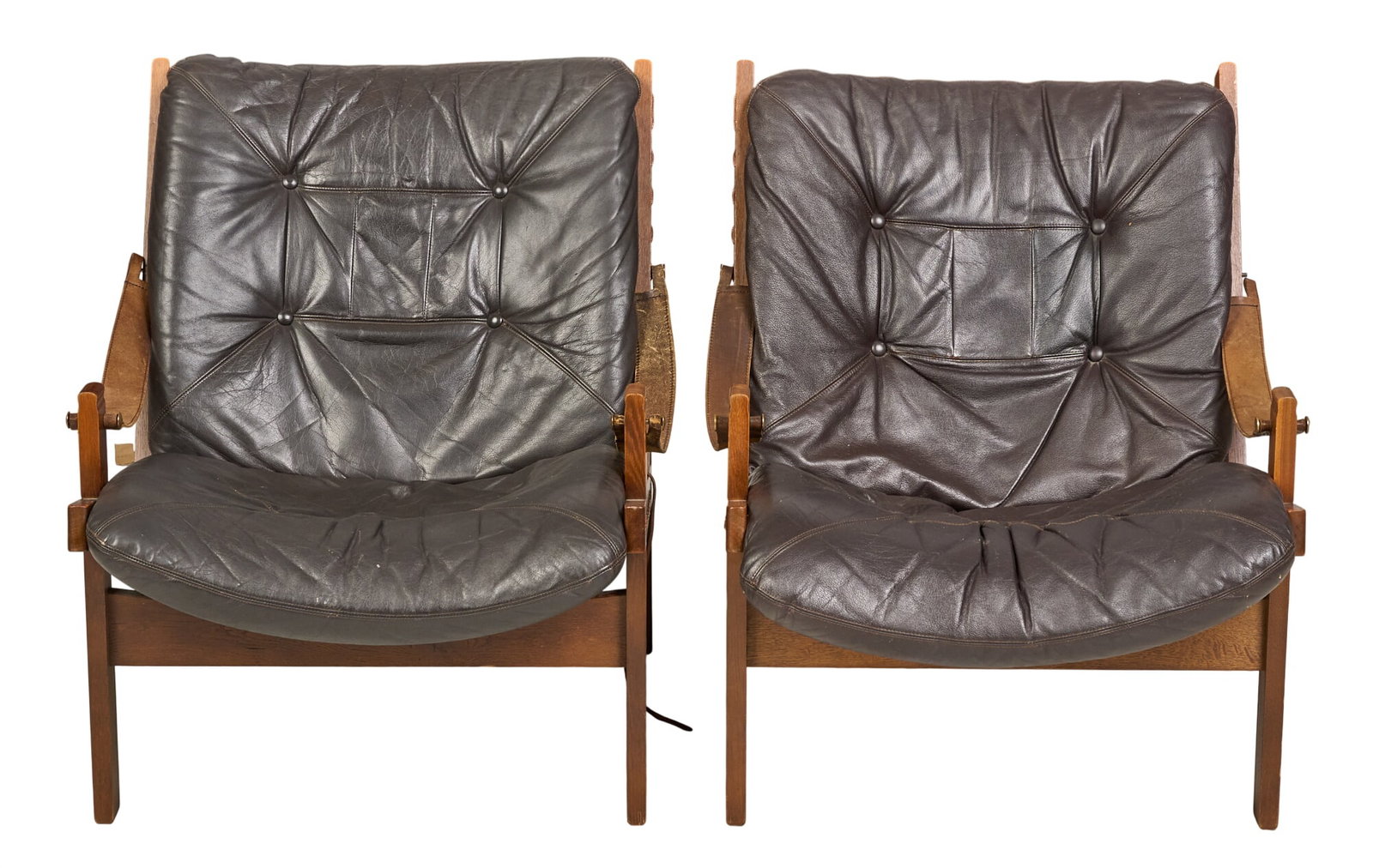 Pair of Danish Mid-Century Leather Lounge Chairs: Pair of Danish mid-century tufted black leather lounge chairs in wooden frames height 32 in. x width 25 in. x depth 30 in. / each 