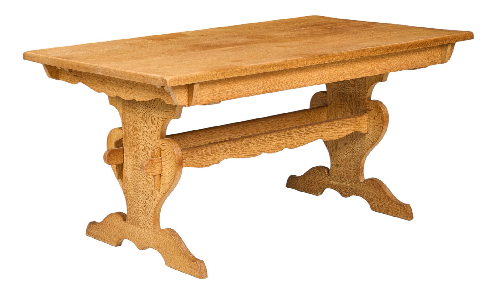 Henning Kjaernulf, Mid-Century Table: Henning Kjaernulf (Denmark) oak mid-century dining table with trestle bases and two leaves height 29.5 in. x width 63 in. x depth 33 in. extended 102.5 in.