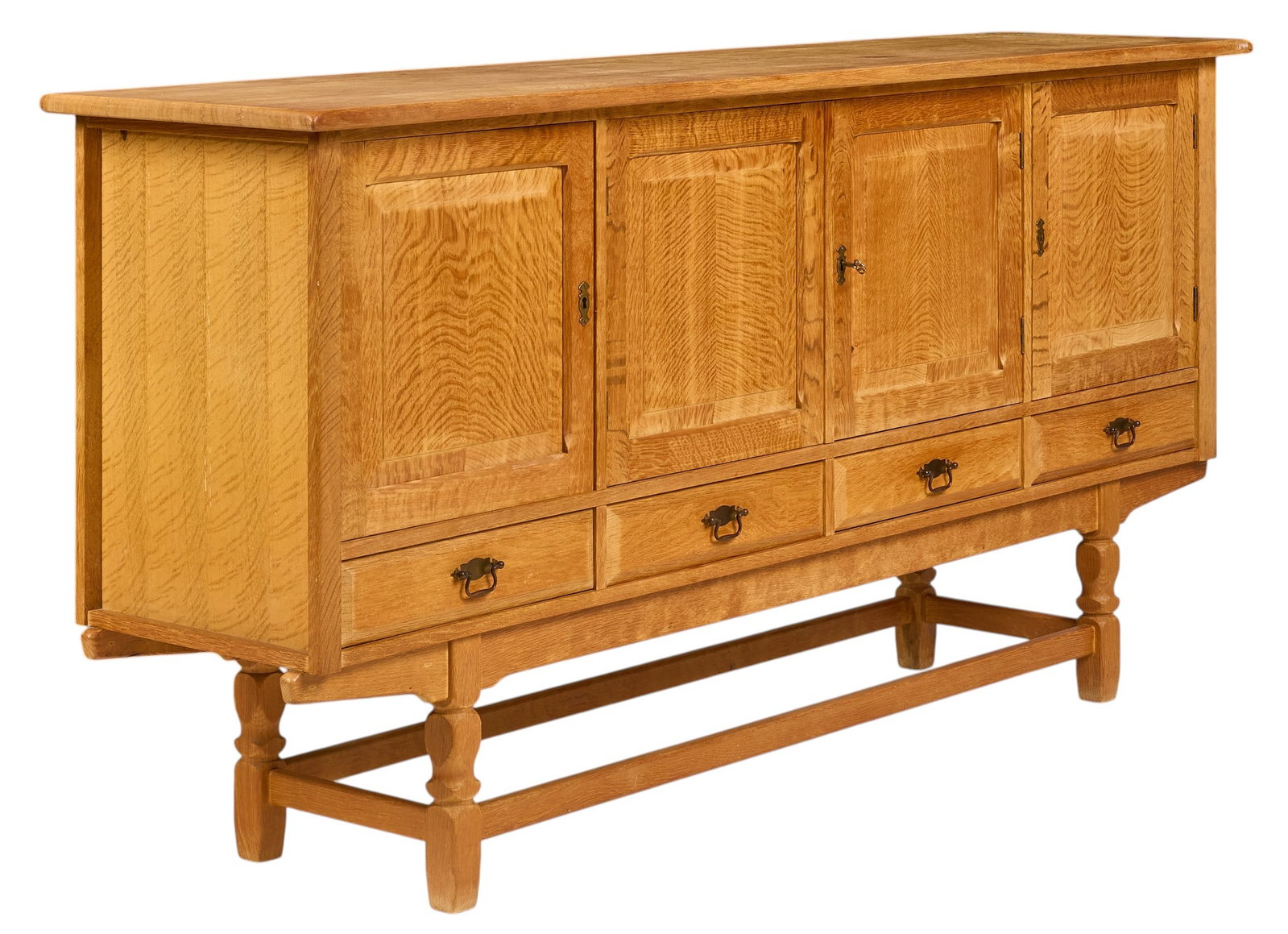 Danish Mid-Century Credenza: Danish mid-century credenza with four cabinet doors and drawers, supported on faceted block legs height 40.5 in. x width 82 in. x depth 20 in. 