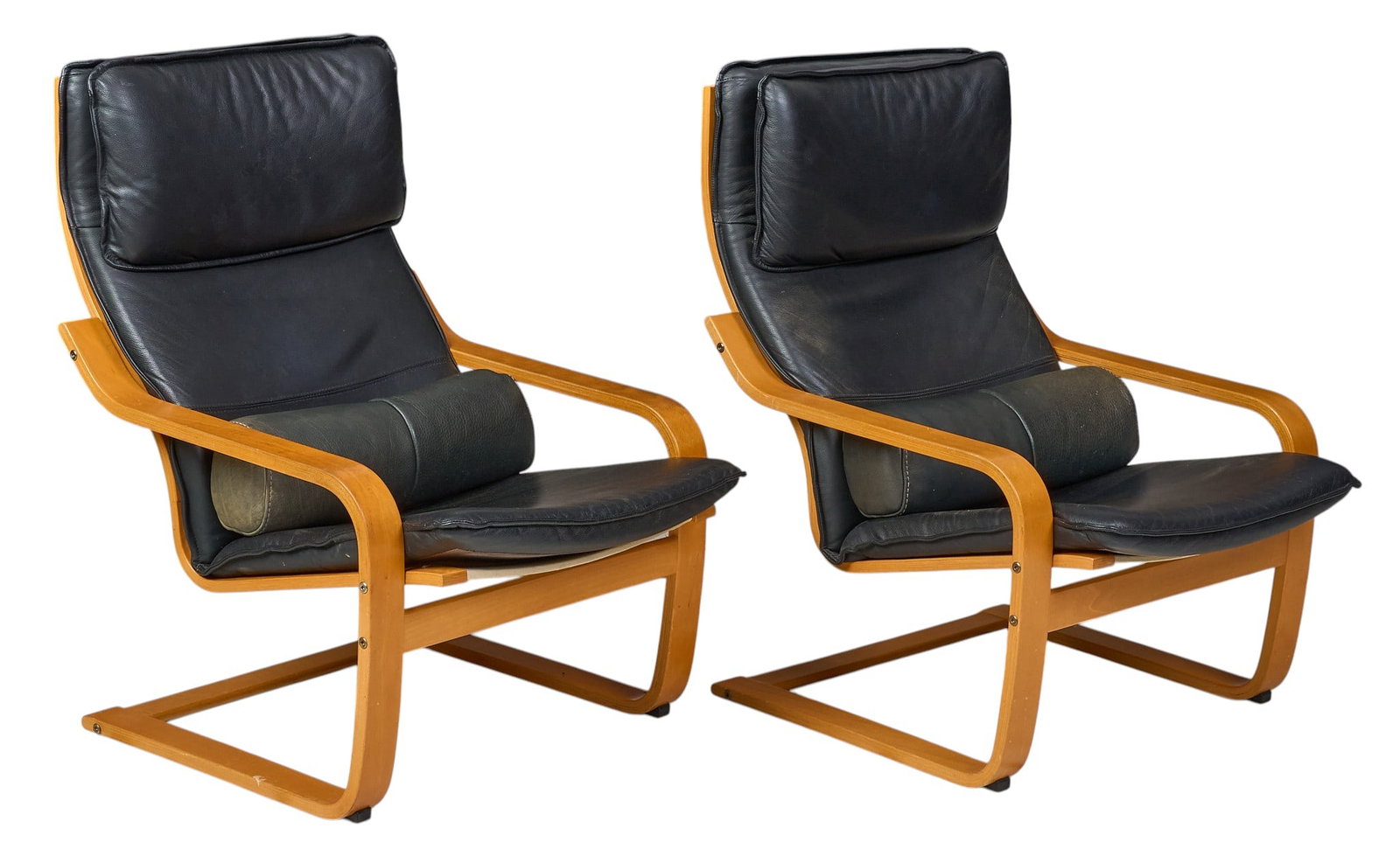 Pair of Poang Style Armchairs: Pair of Danish mid-century black leather armchairs in the style of IKEA Poang model, supported on bentwood frames height 39 in. x width 27 in. x depth 35 in. 