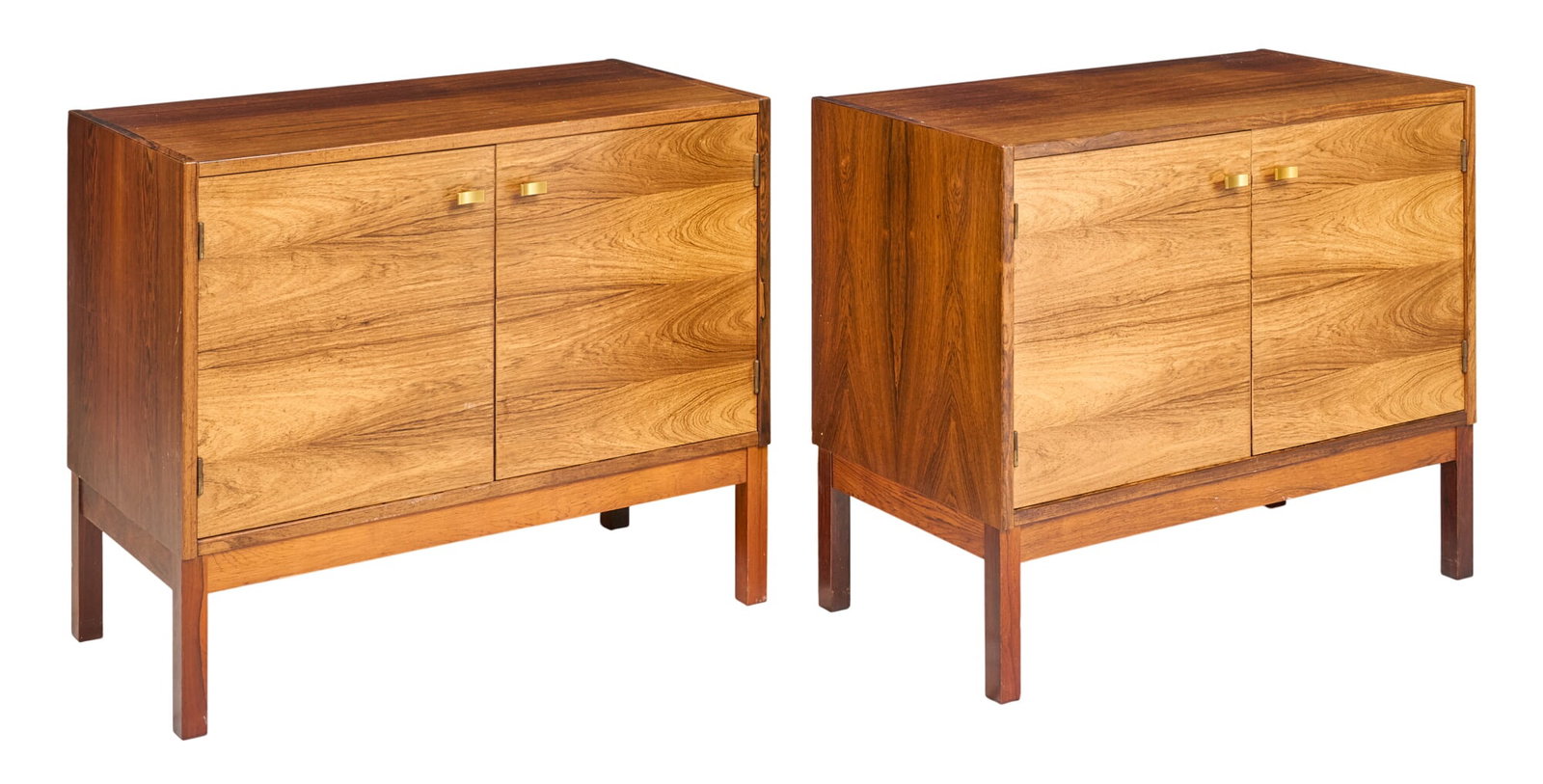 Pair of Danish Mid-Century Cabinets: Pair of Danish mid-century cabinets with interior shelf, supported on pin legs height 28 in. x width 33.5 in. x depth 17 in. / each