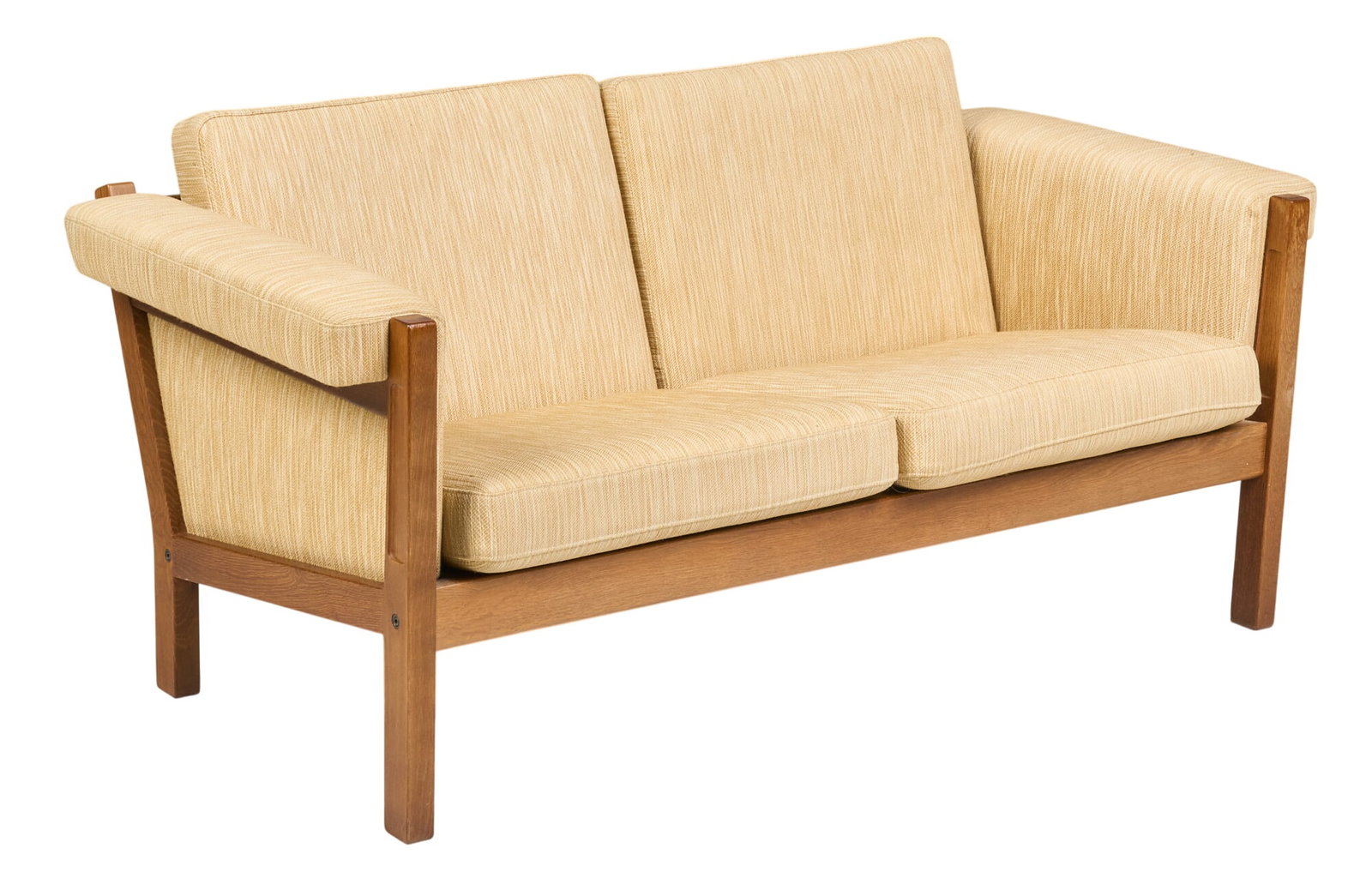Hans J. Wegner, Mid-Century Loveseat: Hans J. Wegner (Denmark) mid-century loveseat sofa with beige fabric upholstery and block legs height 29 in. x width 60 in. x depth 29.5 in. 