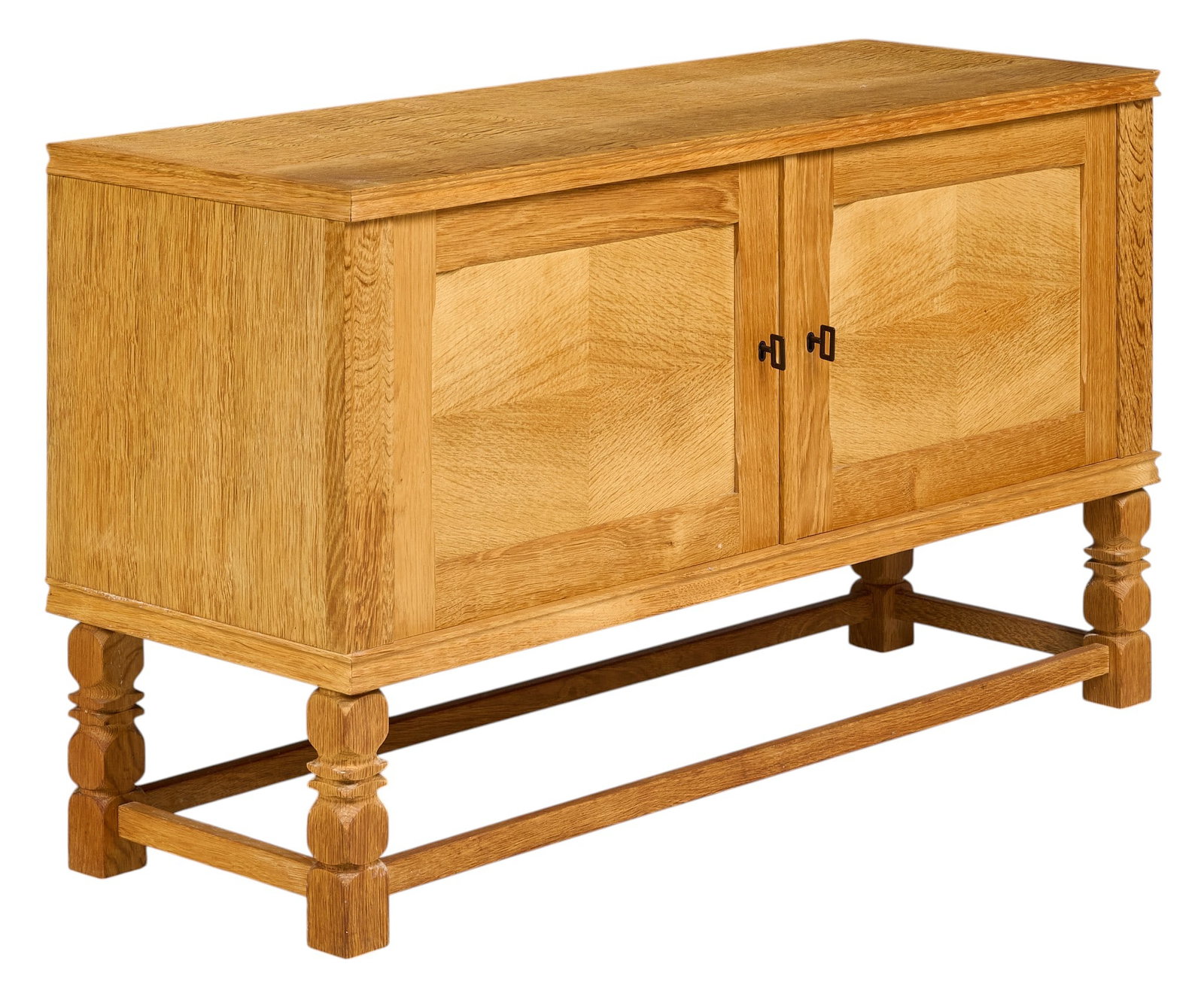 Danish Mid-Century Cabinet: Danish mid-century cabinet with pair of doors and interior shelving, supported on faceted block legs height 27 in. x width 47.5 in. x depth 17 in 