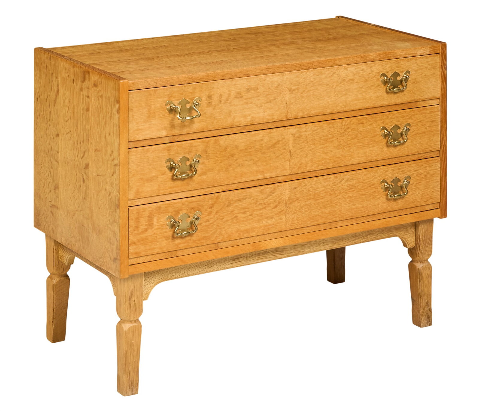 Henning Kjaernulf, Mid-Century Chest of Drawers: Henning Kjaernulf (Denmark) mid-century chest of three drawers with decorative brass pulls, on block legs height 25 in. x width 33 in. x depth 17 in. 