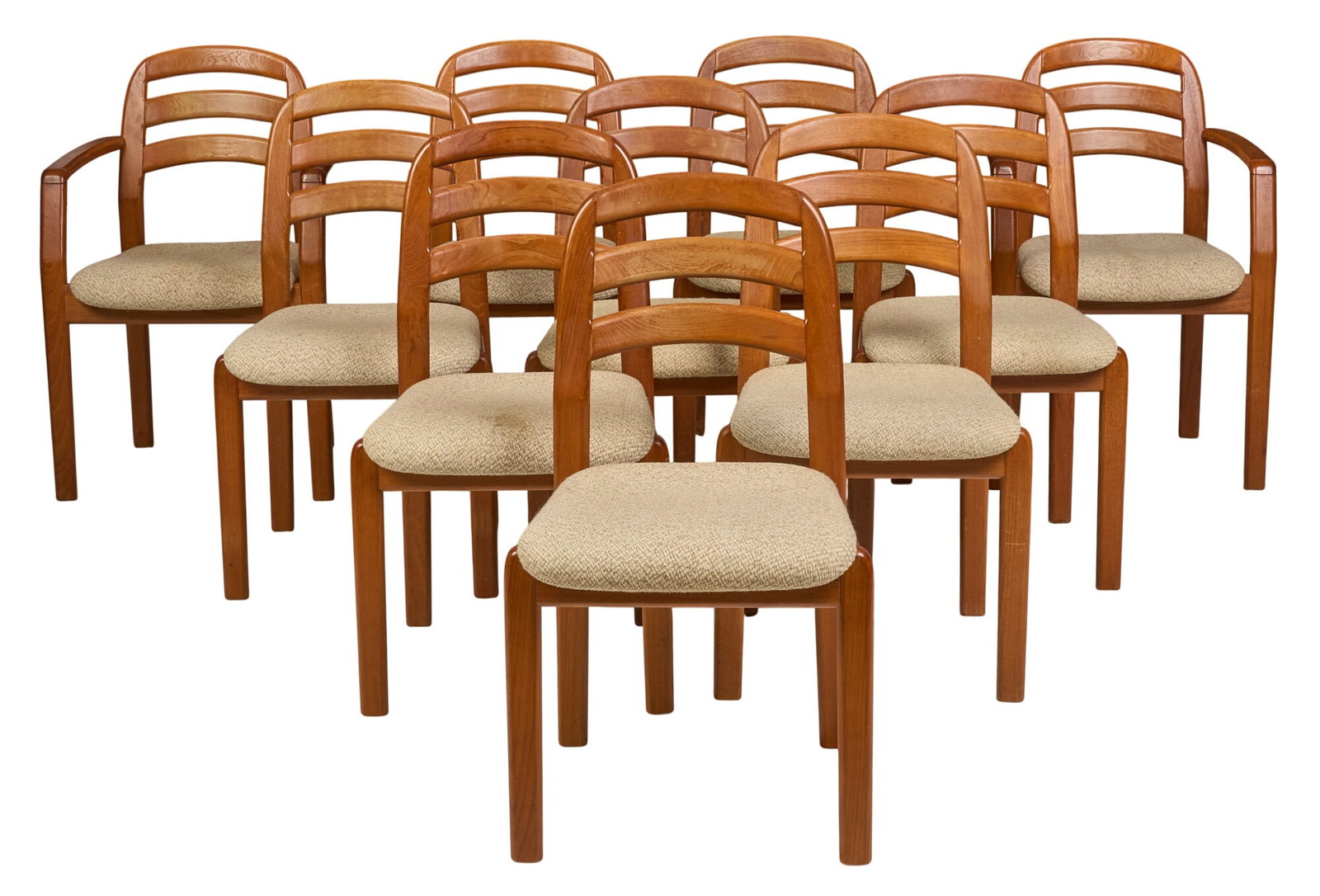 (10) Mid-Century Dining Chairs: Set of ten Danish mid-century dining chairs, by Dyrlund (Denmark), with ladder backs and beige upholstered seats, on pin legs height 33 in. x width 22 in. x depth 18 in. / each