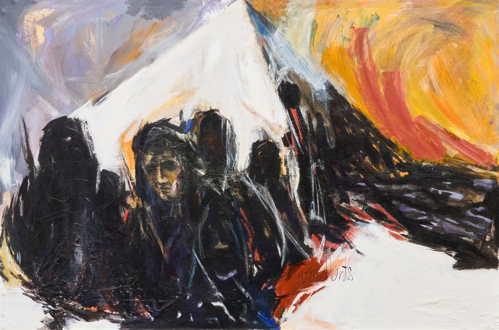 Jacqui von Honts, "Donde van Todos": Jacqui von Honts (Texas, 1936-2011), "Donde van Todos", oil on canvas, signed lower right sight: 39 x 59 in., frame: 40.5 x 60 in. Provenance: Property from the artist's