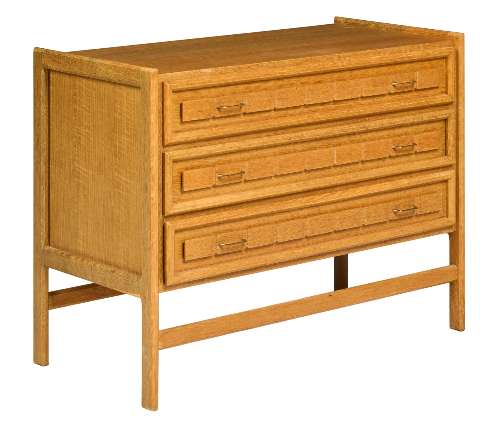 Danish Mid-Century Chest of Drawers: Danish mid-century chest of three drawers with brass pulls height 28 in. x width 37 in. x depth 18 in. 
