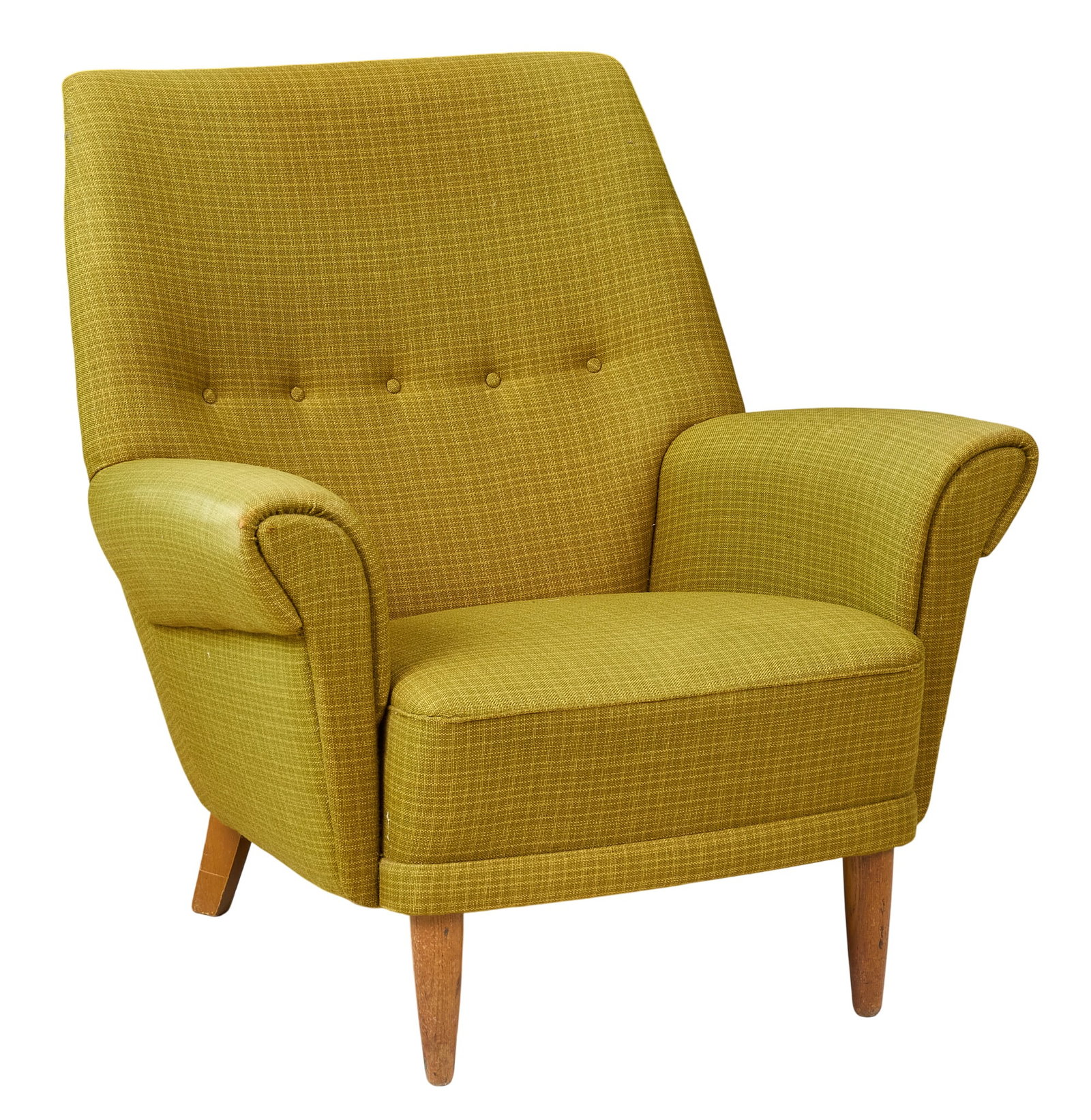 Danish Mid-Century Armchair: Danish mid-century armchair, with green upholstery and button-tufted back, on pin legs height 35.5 in. x width 26 in. x depth 34 in.