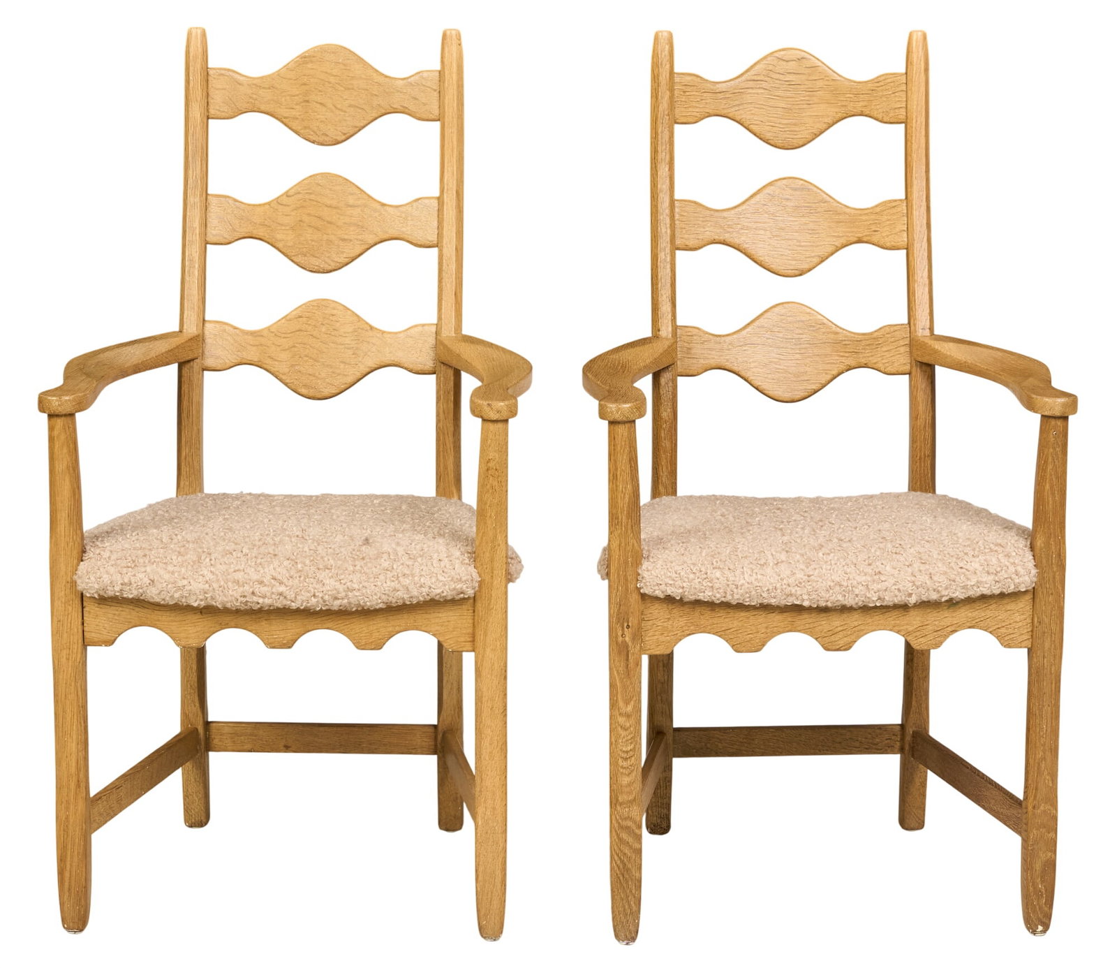 Henning Kjaernulf, Pair of Mid-Century Armchairs: Pair of Henning Kjaernulf (Denmark) oak mid-century armchairs with stylized ladderbacks and upholstered seats height 40.5 in. x width 22 in. x depth 18 in. 