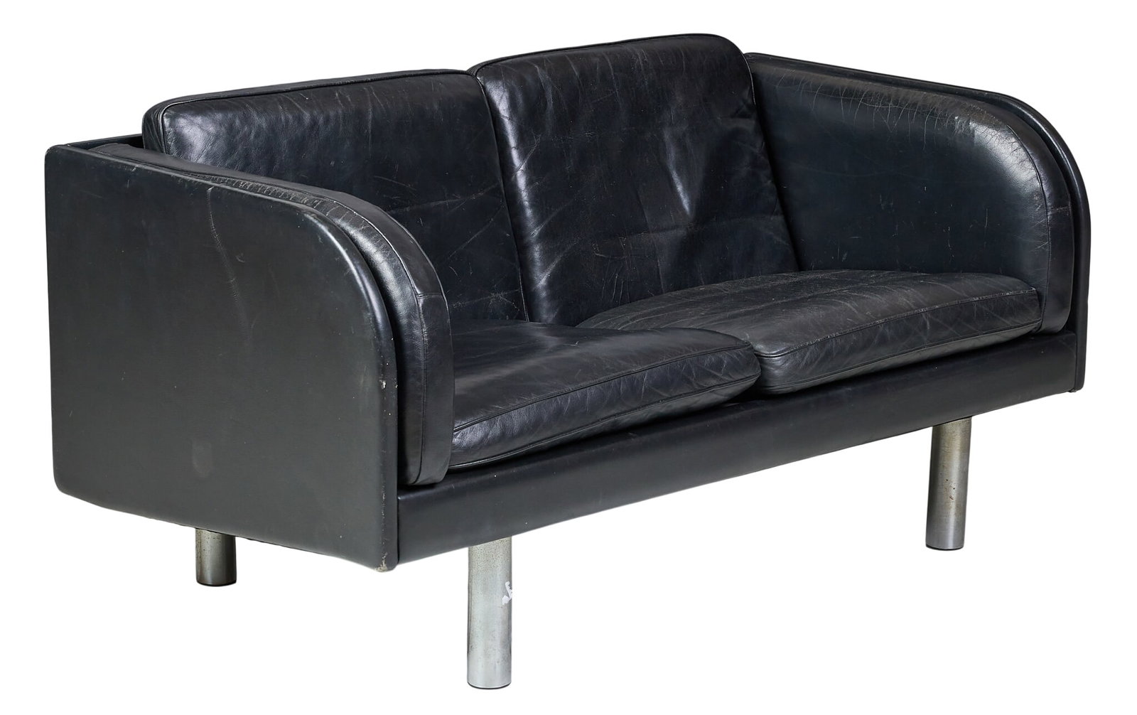 Danish Mid-Century Leather Sofa: Danish mid-century sofa, with black leather upholstery, on cylindrical chrome legs height 29 in. x width 55 in. x depth 29 in.
