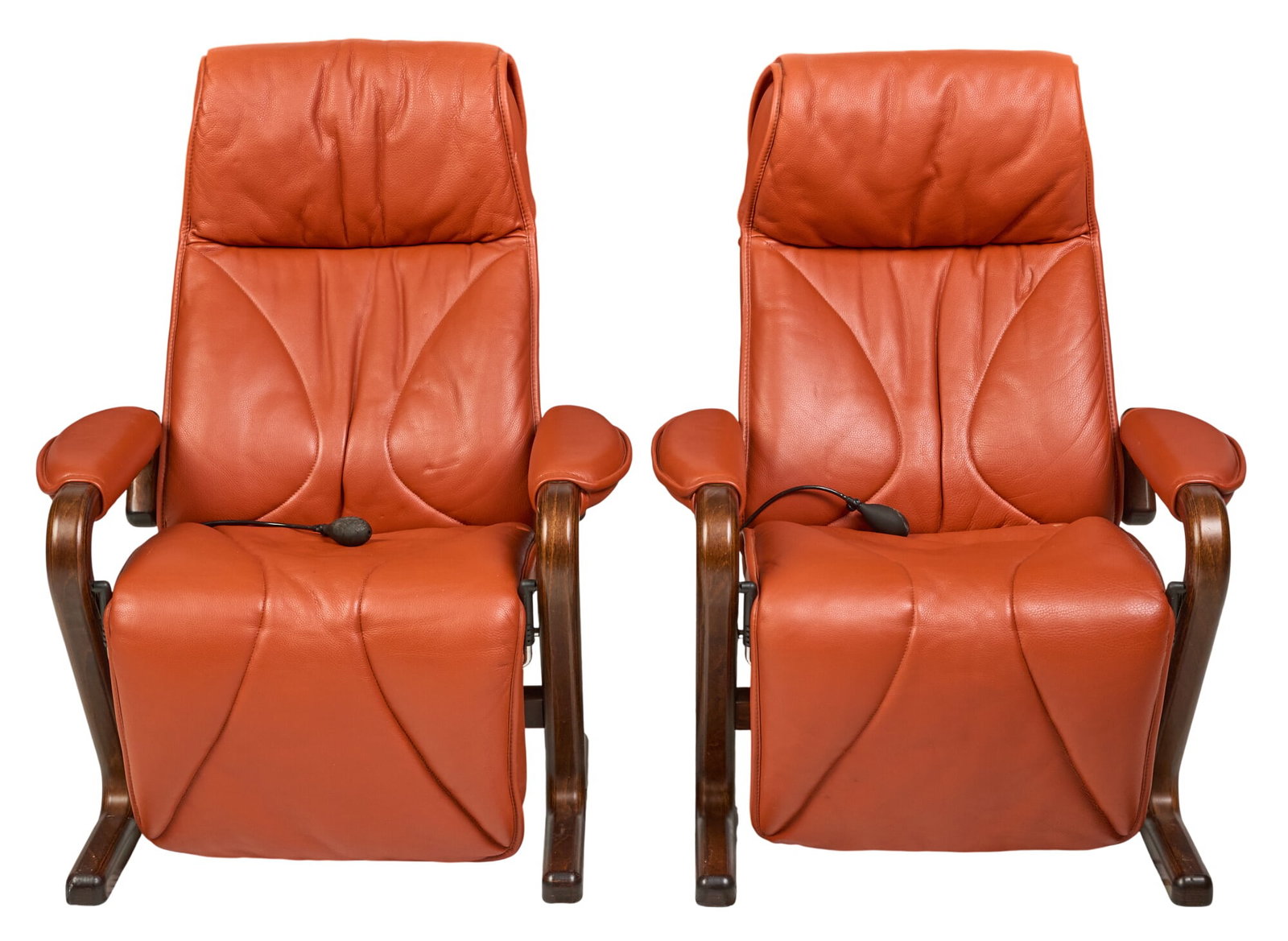Pair of Danish Mid-Century Lounge Chairs: Pair of Danish mid-century lounge chairs, with tufted red leather upholstery, padded armrests and inflatable lumbar support, on bent wood frames height 41 in. x width 31 in. x depth 31 in. / each