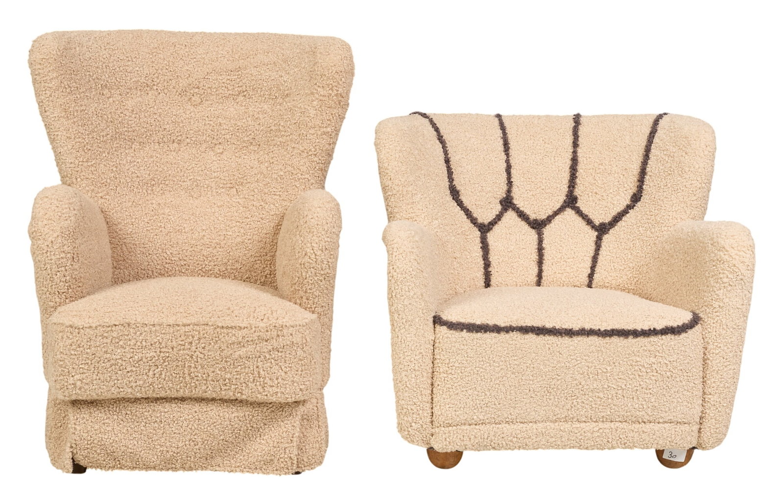 (2) Danish Mid-Century Armchairs: Two Danish mid-century armchairs with boucle fabric upholstery height 42 in. x width 33 in. x depth 37 in. / largest 