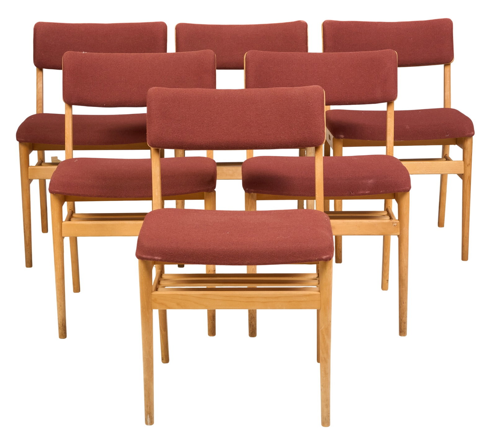 (6) Vestervig Eriksen, Mid-Century Dining Chairs: Set of six Vestervig Eriksen (Denmark) mid-century dining chairs with maroon fabric upholstery, supported on tubular legs, marked underneath height 31 in. x width 19 in. x depth 21.5 in. / each 