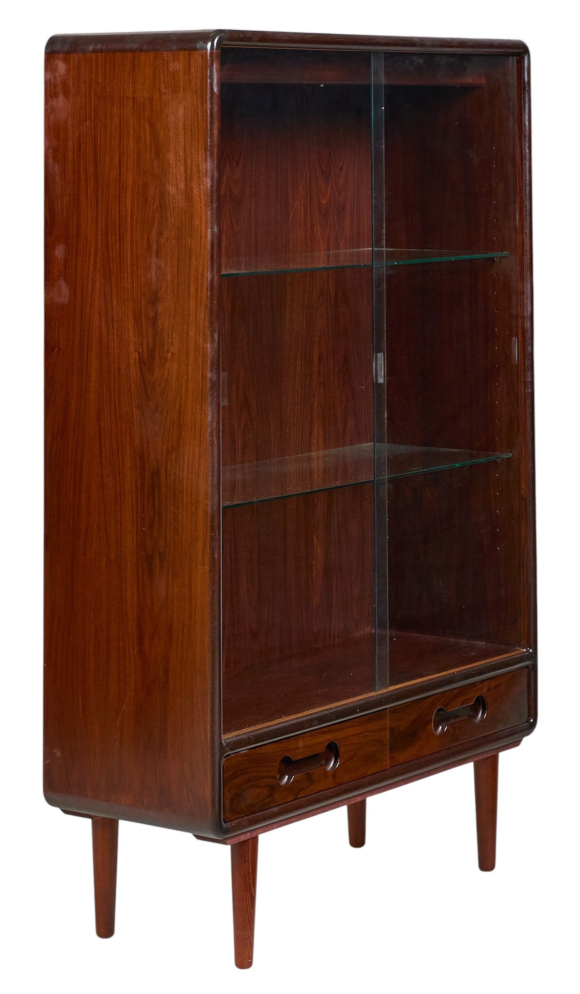 Danish Mid-Century Bookcase: Danish mid-century glass-front bookcase with two adjustable glass shelves height 56.5 in. x width 35 in. x depth 14 in. 