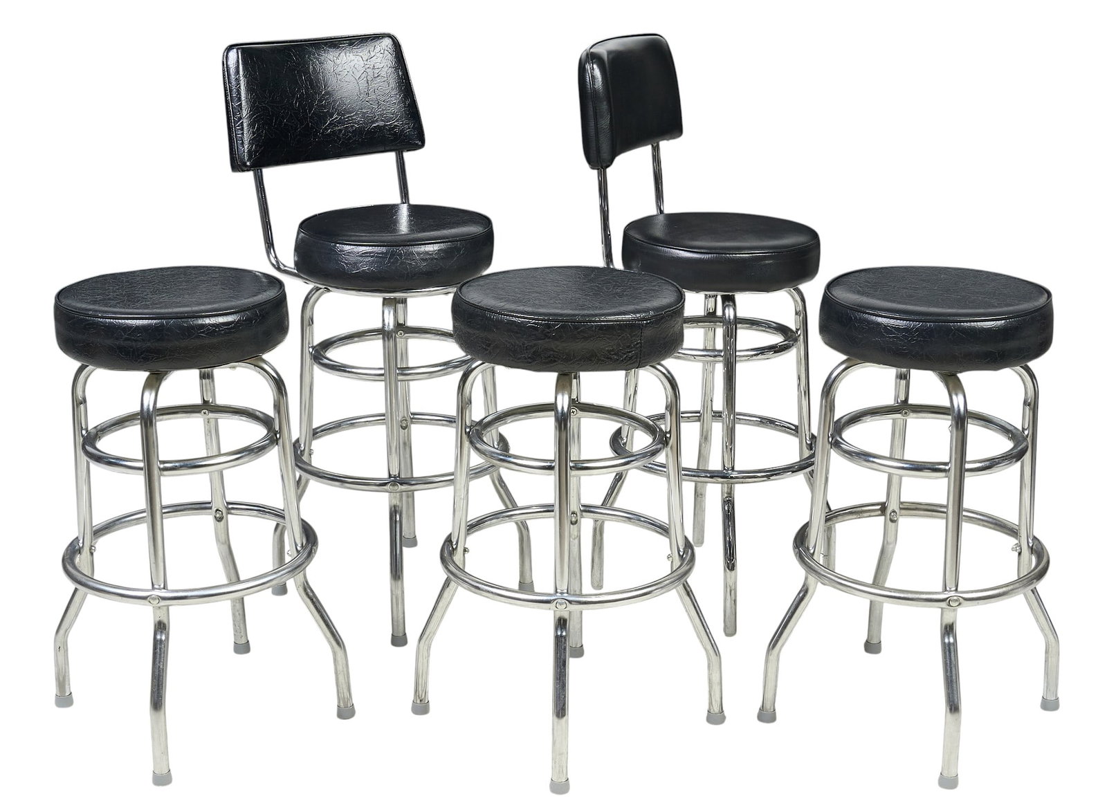 (5) Mid-Century Modern Chrome Barstools: Five mid-century modern barstools featuring chrome frames and black vinyl upholstery, with swivel function, two stools with backrests height 42 in. x width 17 in. x depth 18 in. / largest Provena