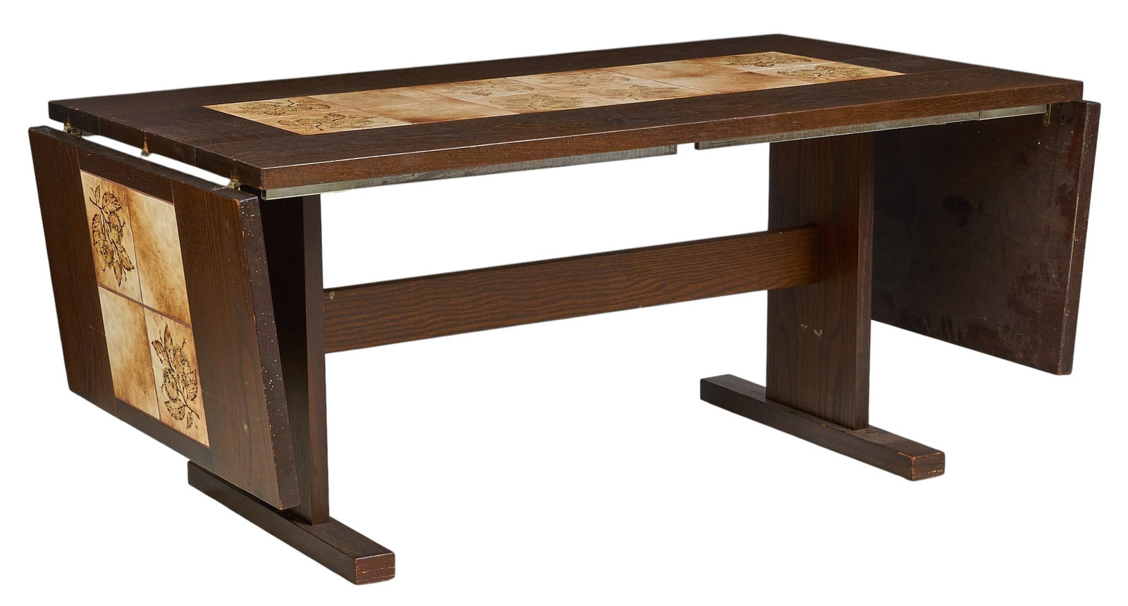 Gangso Mobler, Drop Leaf Table: Gangso Mobler (Denmark) mid-century dining table with inlaid ceramic tile decoration and drop leaves, supported on trestle legs height 29.5 in. x width 63 in. x depth 35 in. extended width 103