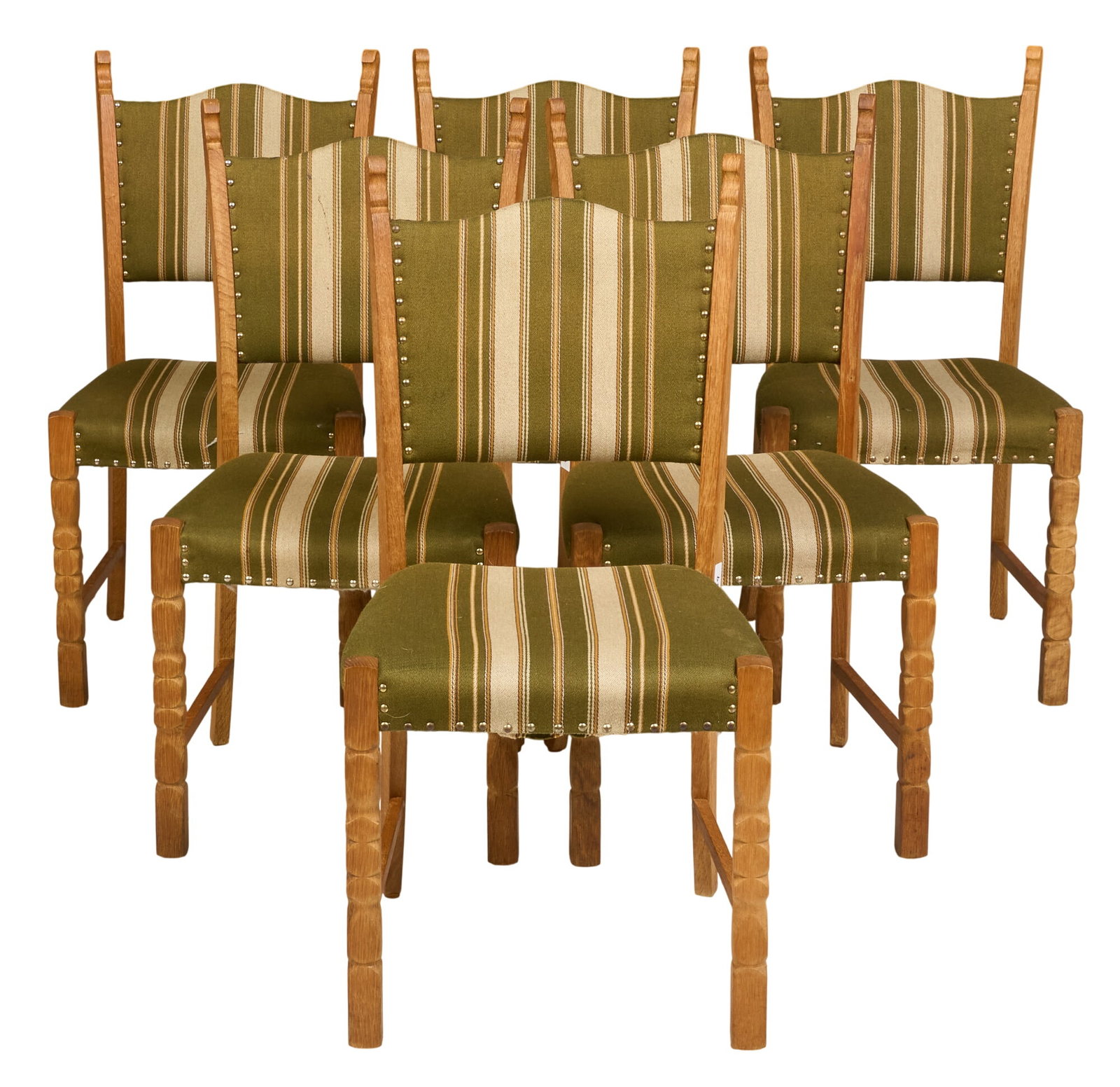 Henning Kjaernulf, (6) Mid-Century Dining Chairs: Set of six Henning Kjaernulf (Denmark) oak mid-century dining chairs with striped green upholstery, and faceted block legs height 37 in. x width 18 in. x depth 20 in. 
