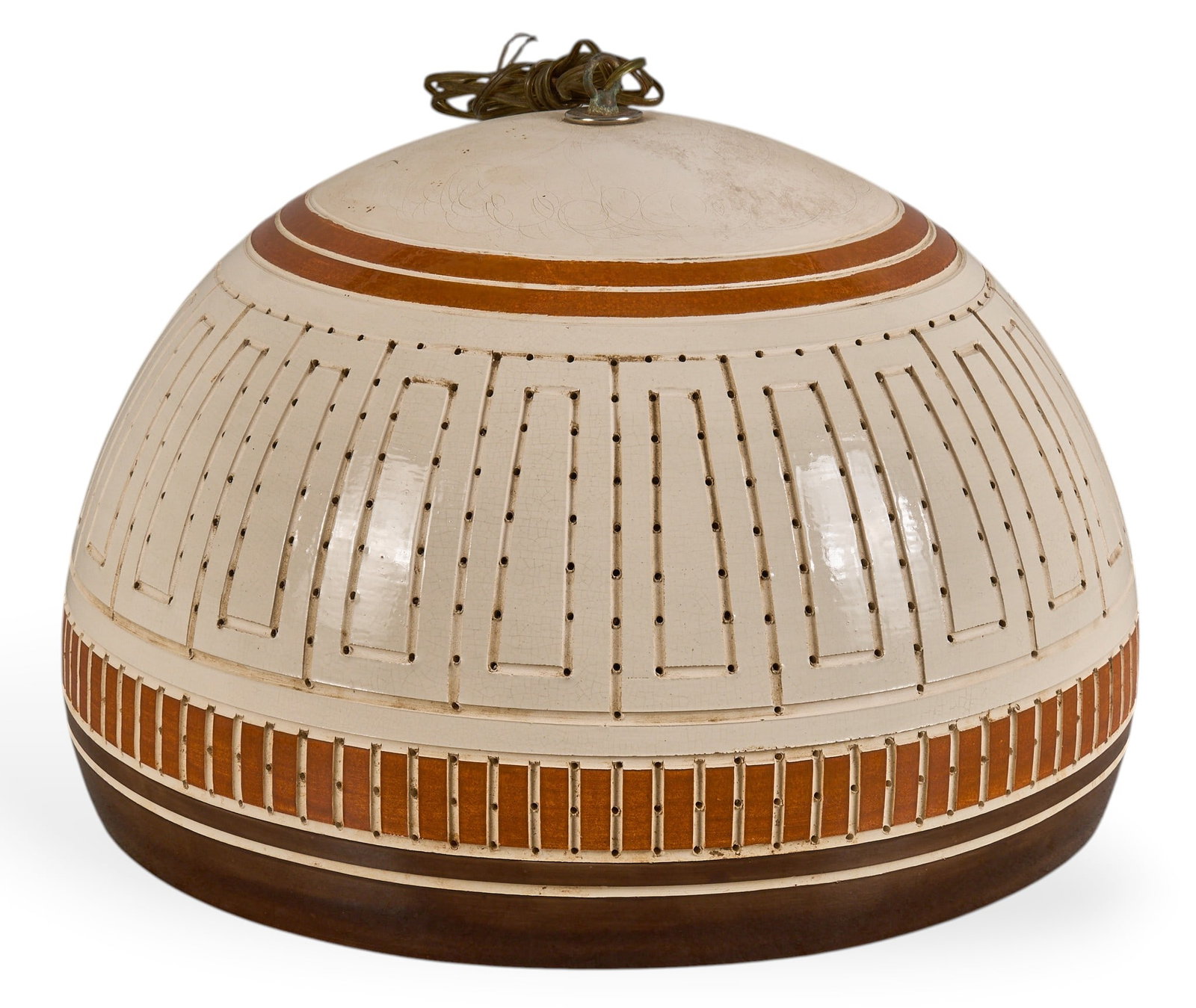 Beaumont Mood, Hanging Light Pendant: Beaumont Mood (San Antonio, Texas) mid-century ceramic dome pendant lights, with multicolored glazing and perforated design height 15 in. x diameter 19 in. Provenance: Property from a home in New